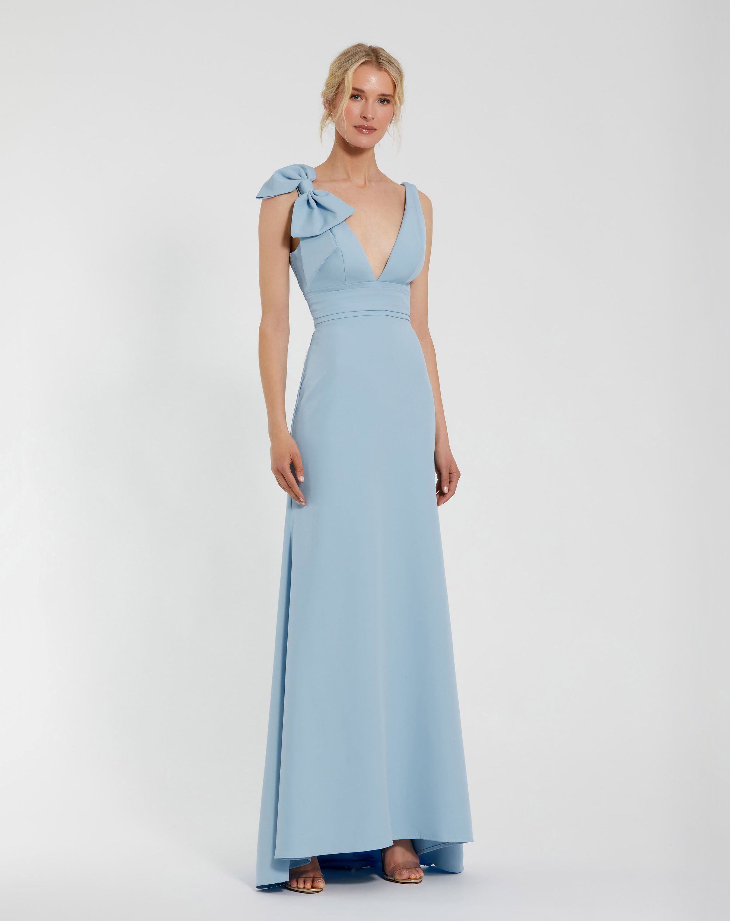 Light Blue Sleeveless V Neck Bow Detail Mermaid Wedding Guest Gown In