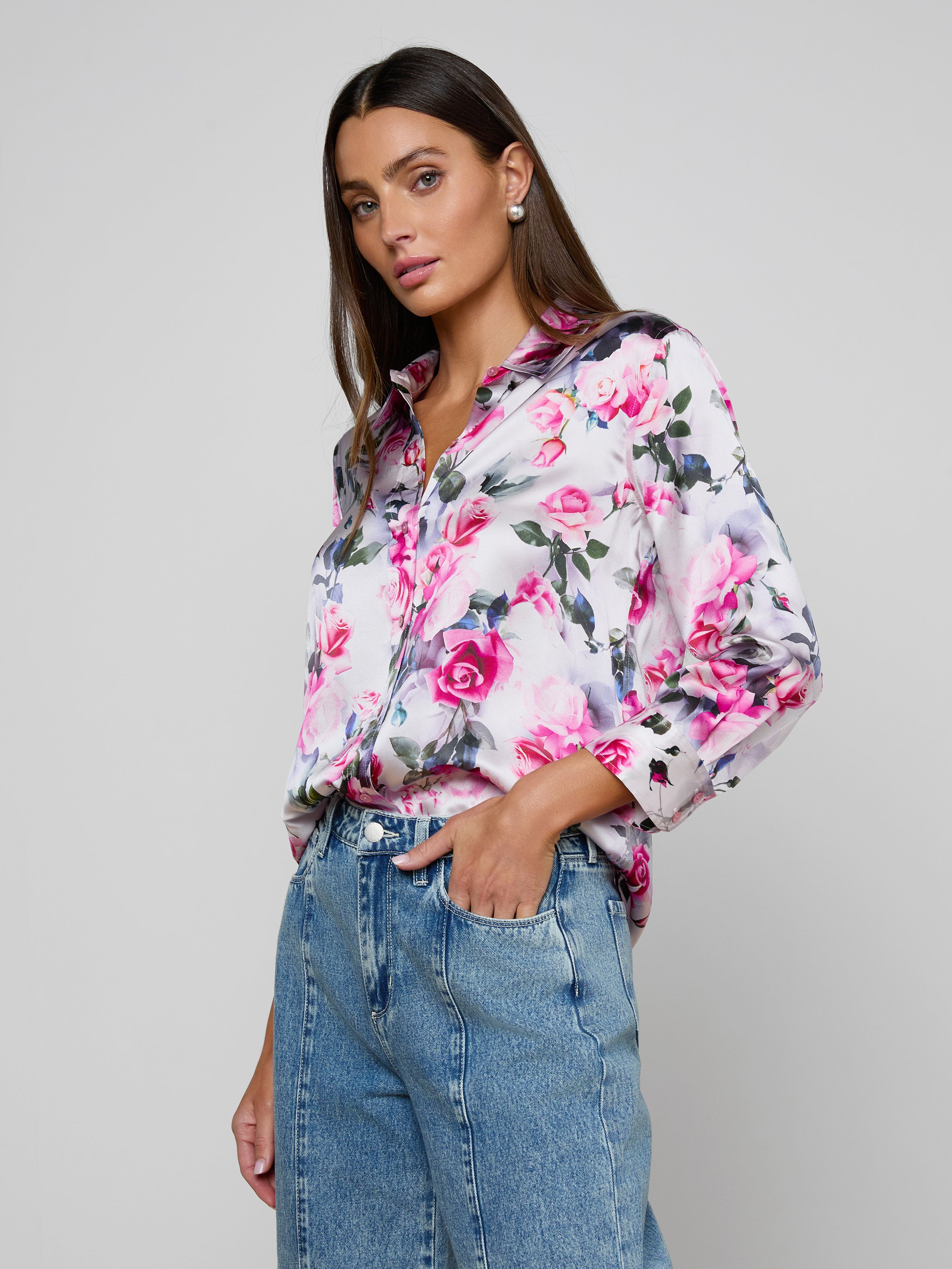 Dani Silk Blouse Top In Pink Multi Water Rose