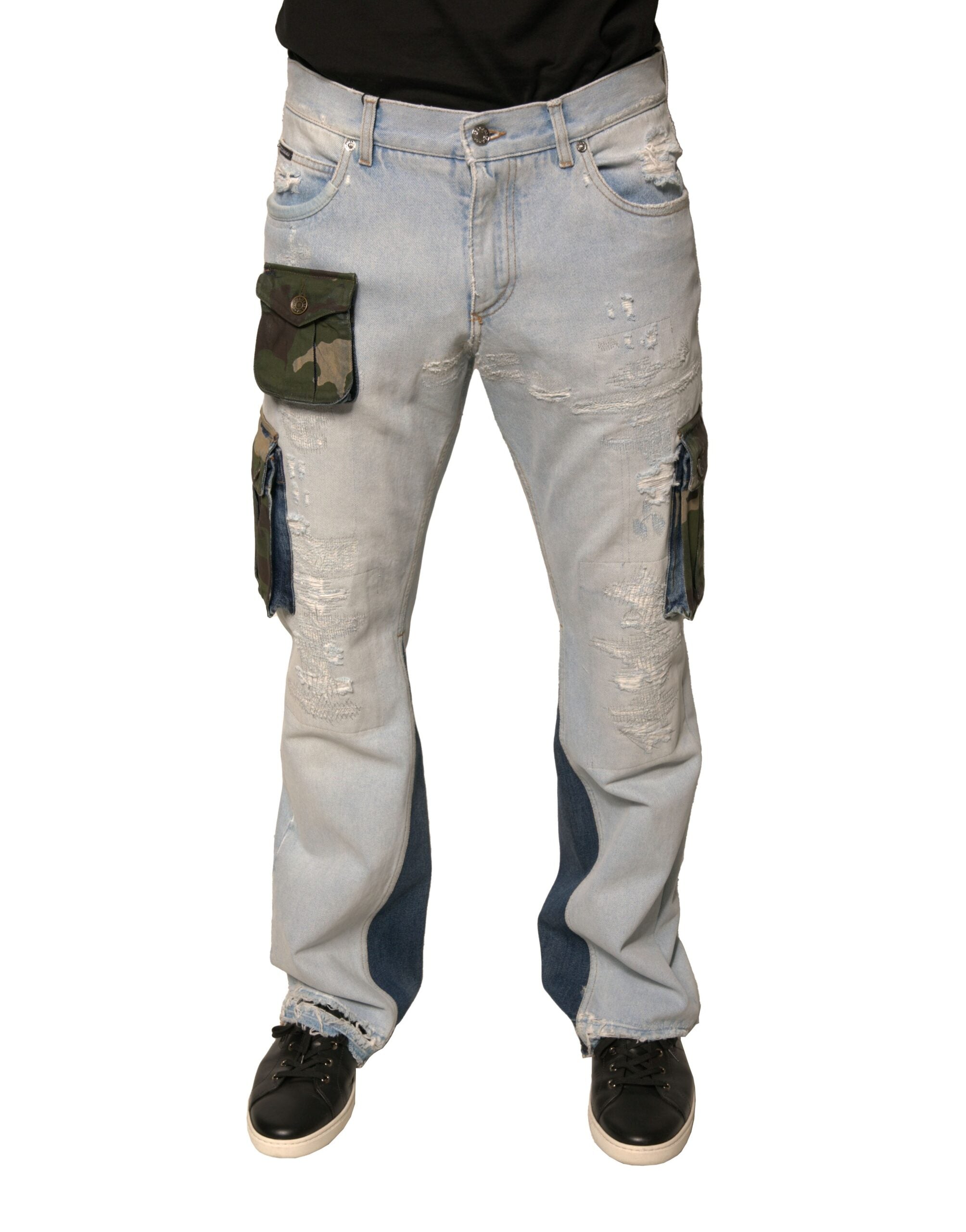 Cotton-Elastane Distressed Denim Cargo Pants — Blue