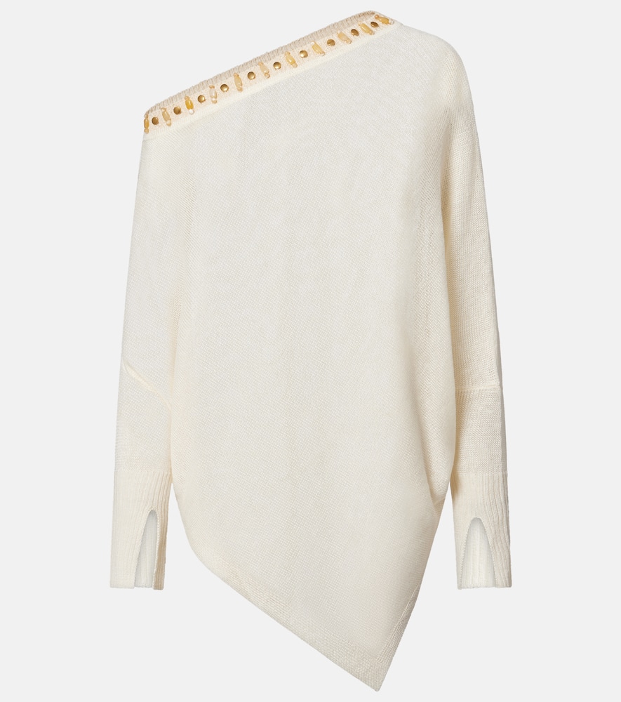 Beaded asymmetric linen-blend top
