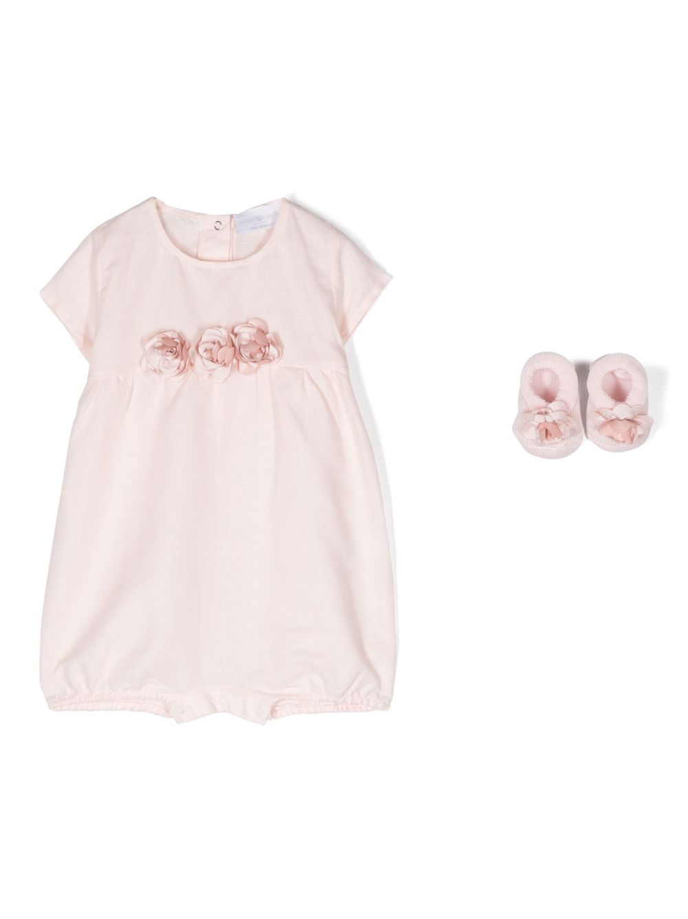 Rose-appliqué romper set - Pink