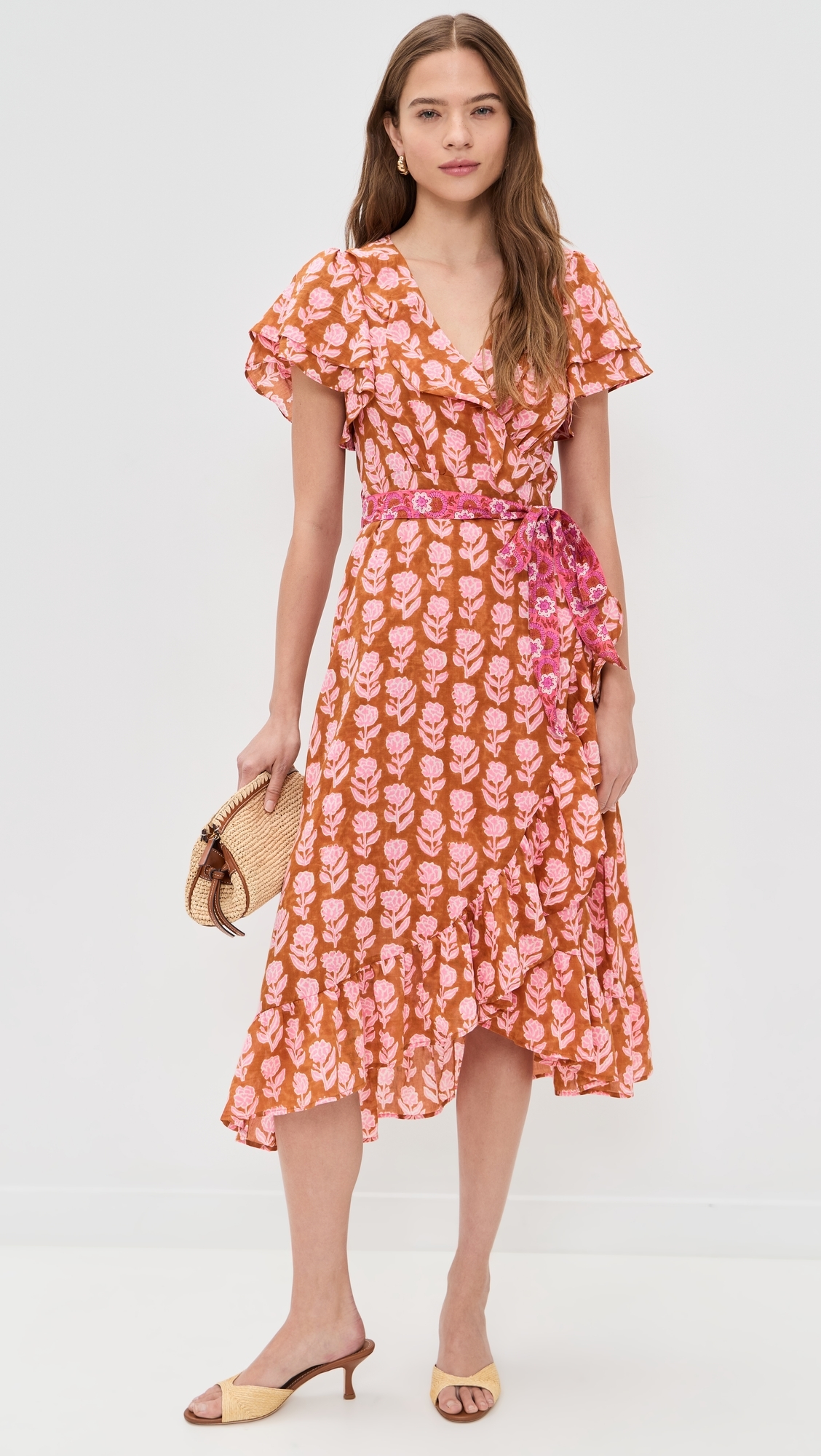 Frilly Wrap Dress Brown And Pink Flower