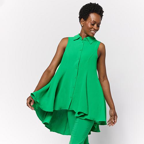 Collared Sleeveless Hi-Low Button-Front Top - Green