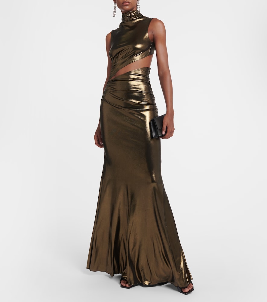 Cutout ruched metallic gown
