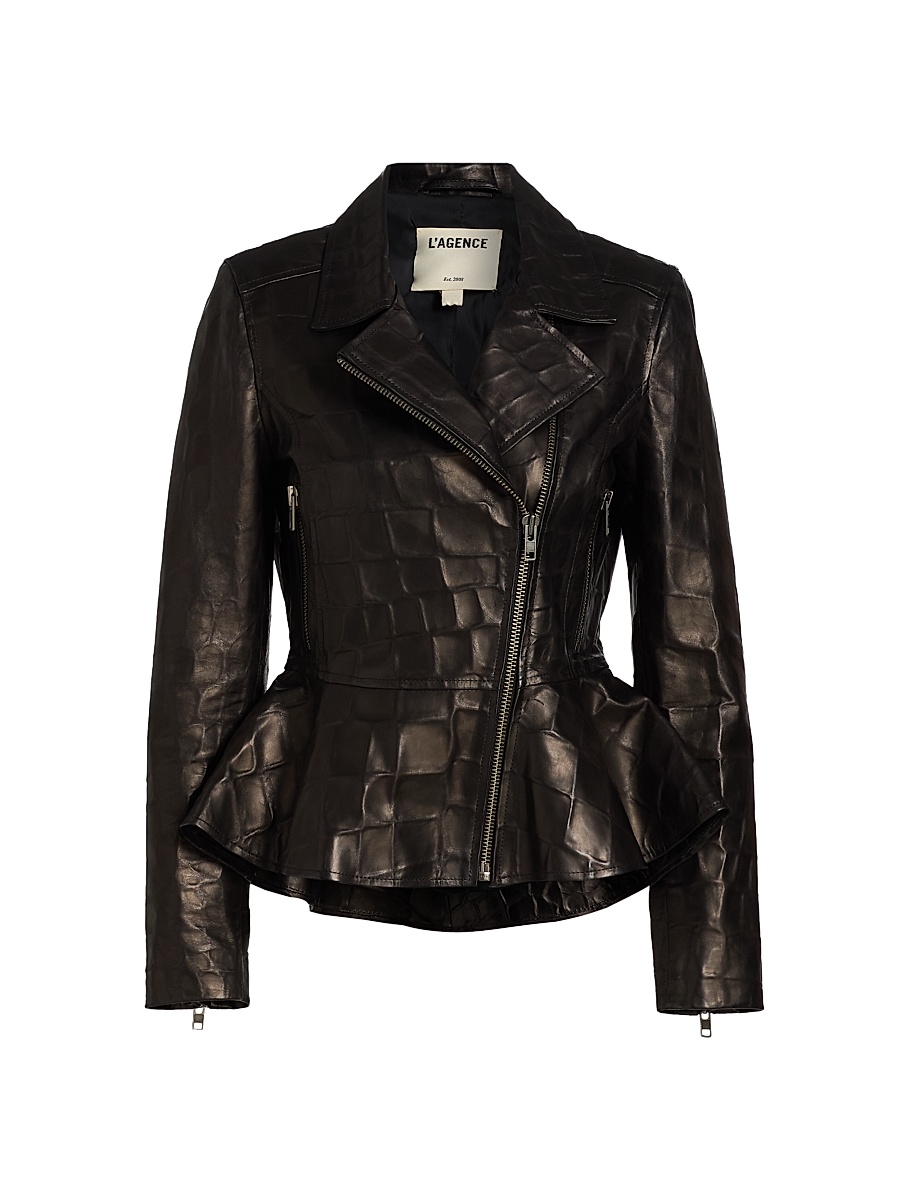 Women's Lyric Peplum Leather Biker Jacket - Black