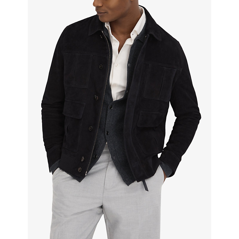 Mens Navy Thomas Patch-pocket Regular-fit Suede Jacket