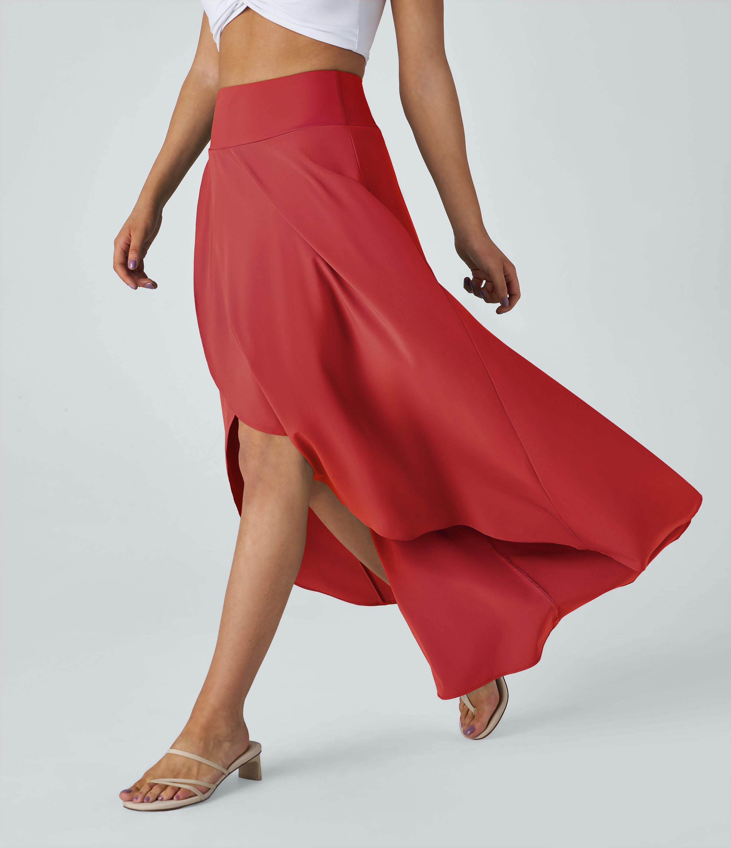Breezeful™ High Waisted High Low Ruffle 2-in-1 Flowy Quick Dry Casual Regular Maxi Skirt  - Pompeian Red
