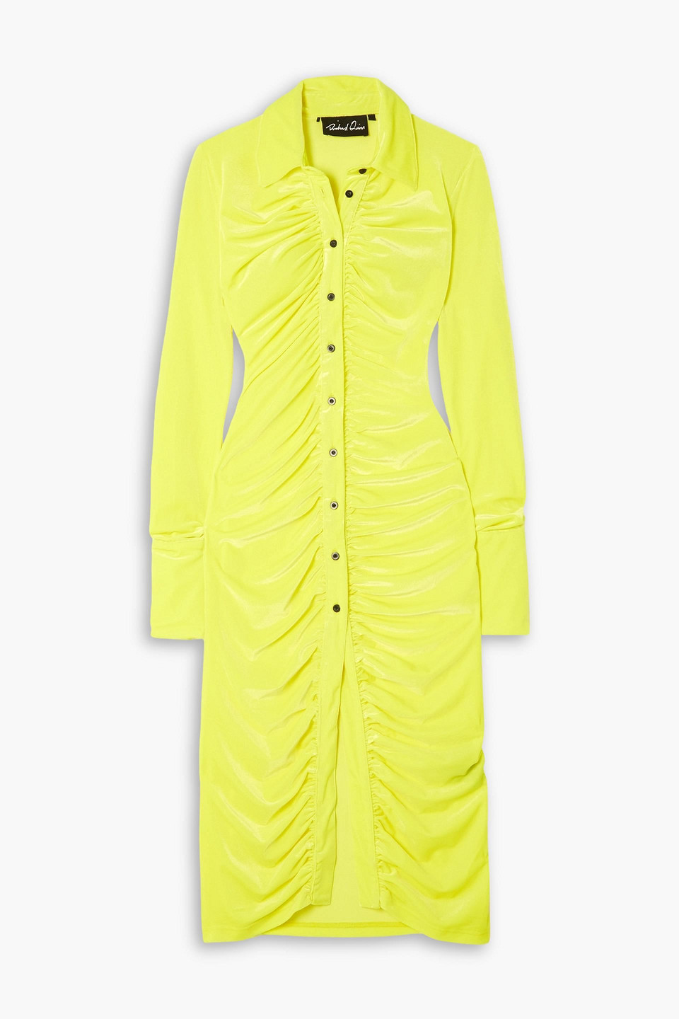 Ruched neon stretch-velvet midi shirt dress