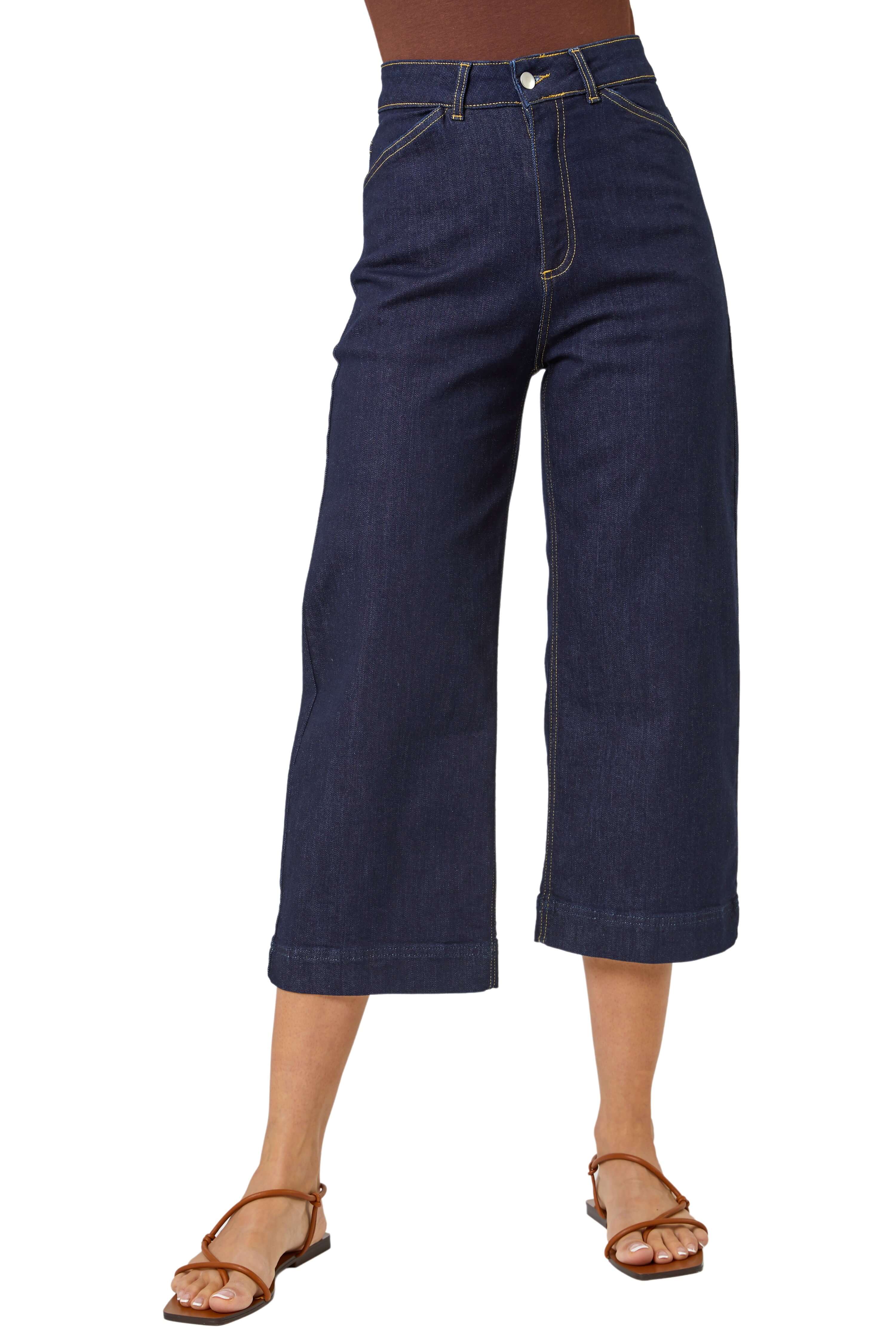 Roman Womens Wide Leg Stretch Denim Cropped Culottes - Indigo Blue