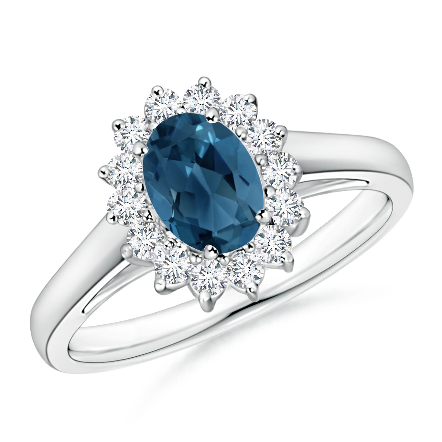 Angara 0.95 Carat Princess Diana Inspired London Blue Topaz Ring with Halo in Platinum