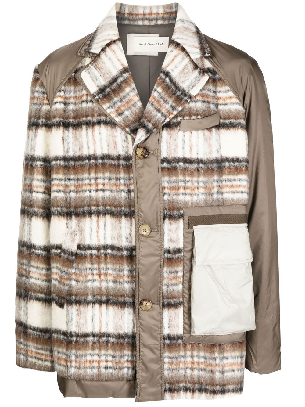 Plaid panelled button-up coat - Brown