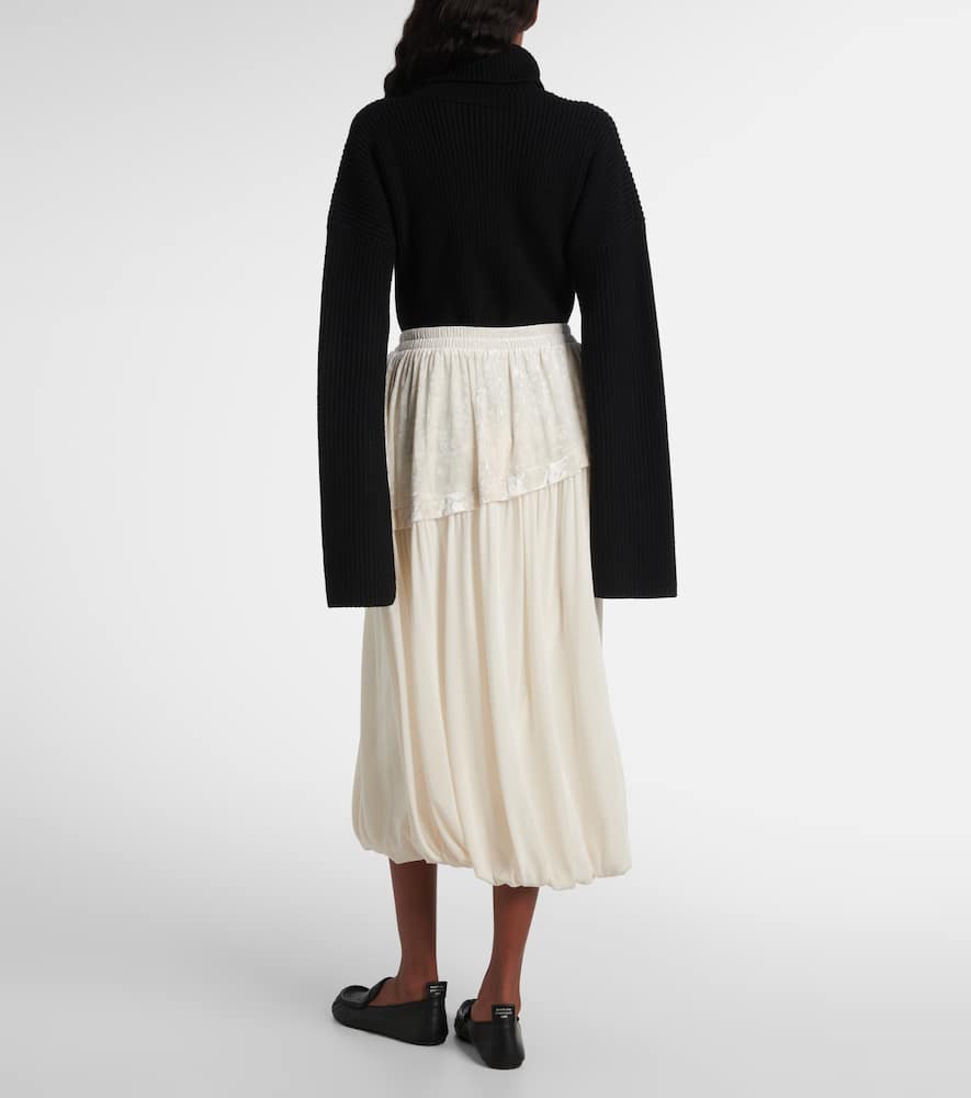 Layered velvet-trimmed midi skirt