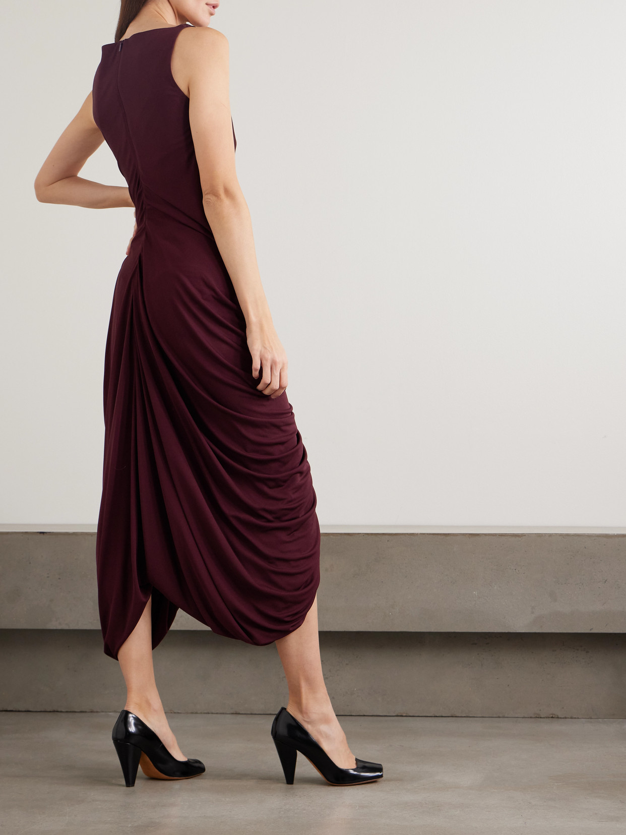 Twisted Gathered Jersey Midi Dress - Burgundy