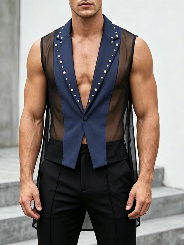 Men's Avant-Garde Studded Lapel Sheer Mesh High-Low Tuxedo Blazer SKUL63810 - Dark Blue / S