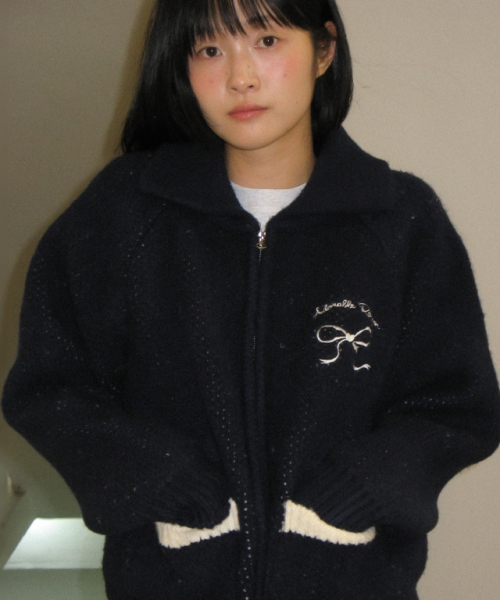 BACK HEART RIBBON COWICHAN KNIT ZIP UP DARK NAVY