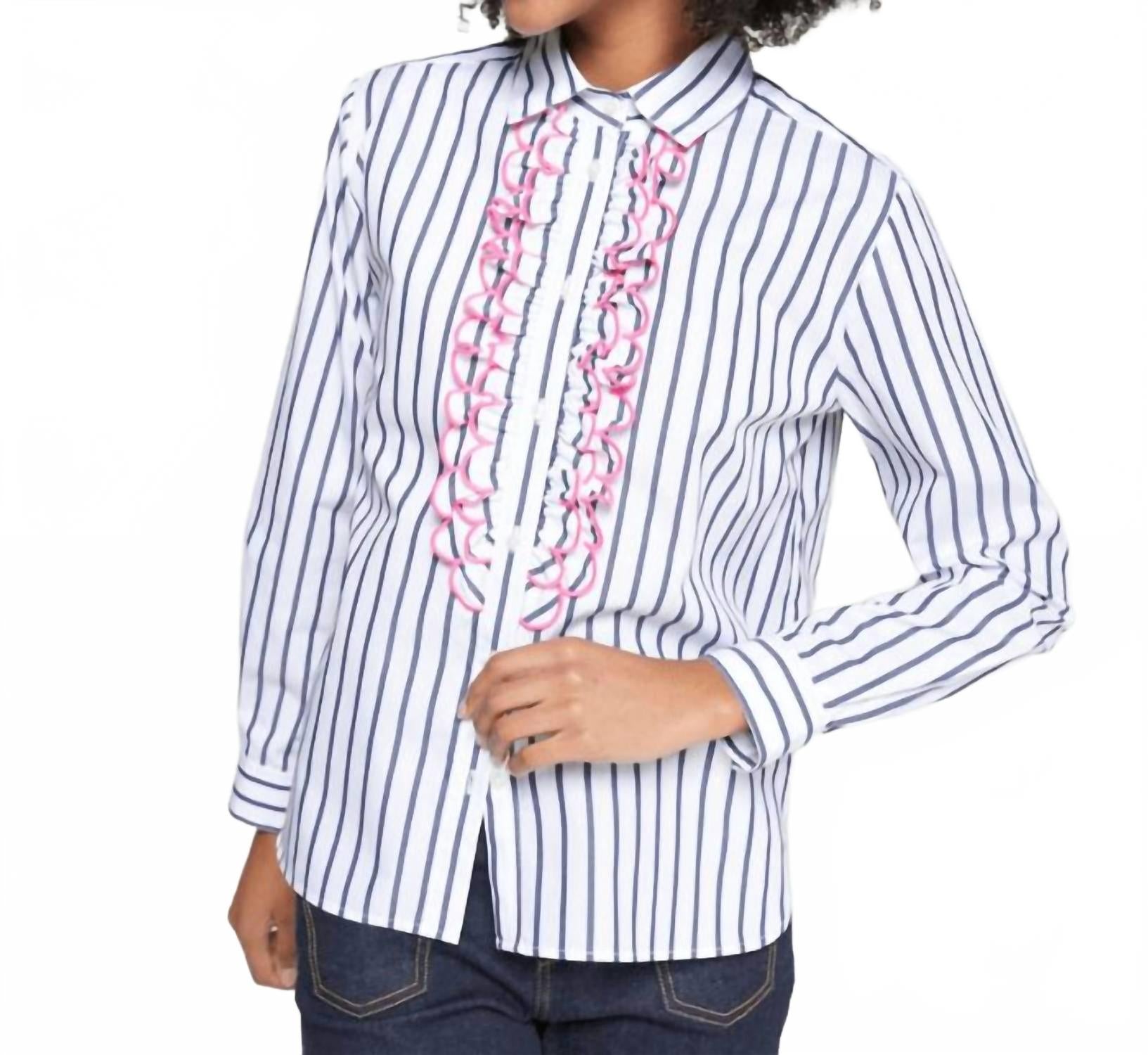 Lionetta Embroidered Top In Navy Stripe White