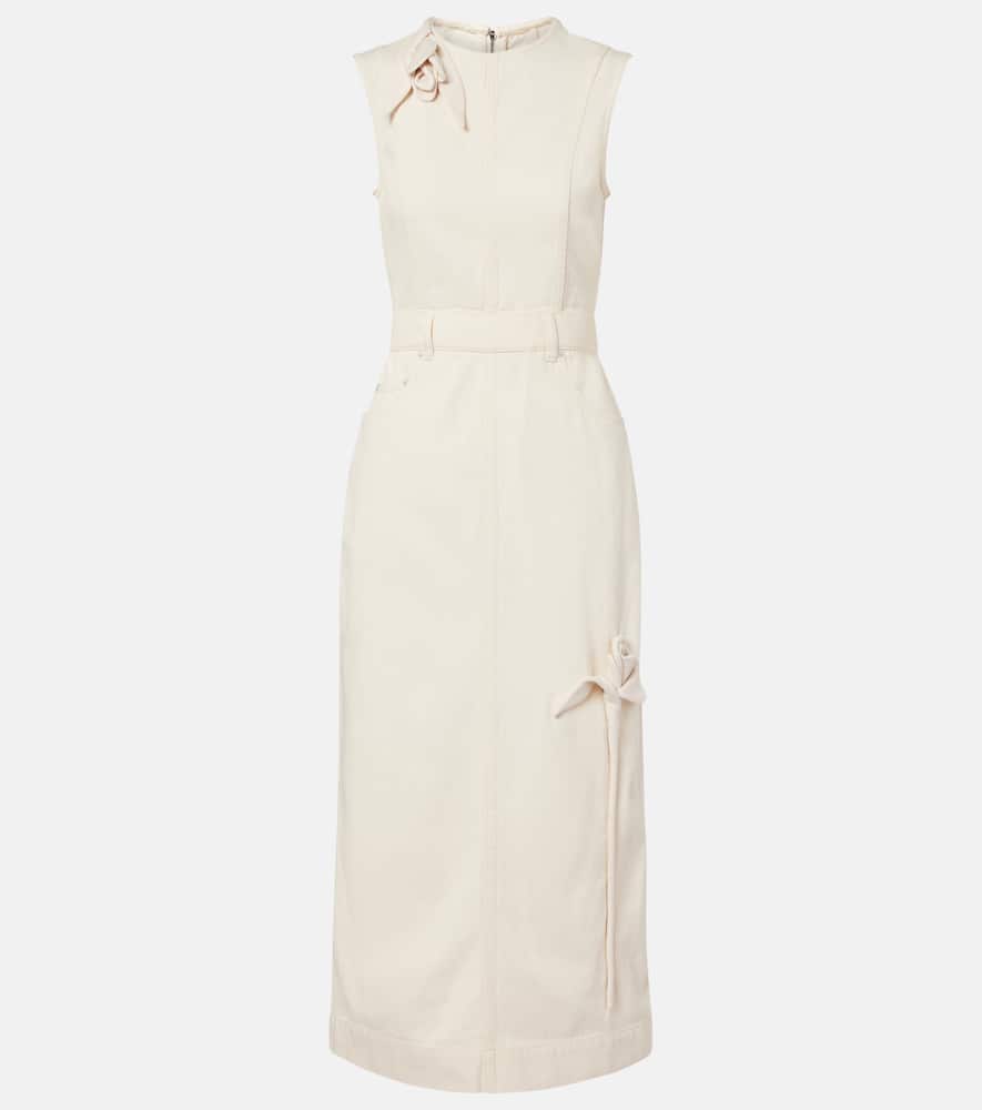 Floral-appliqué denim midi dress