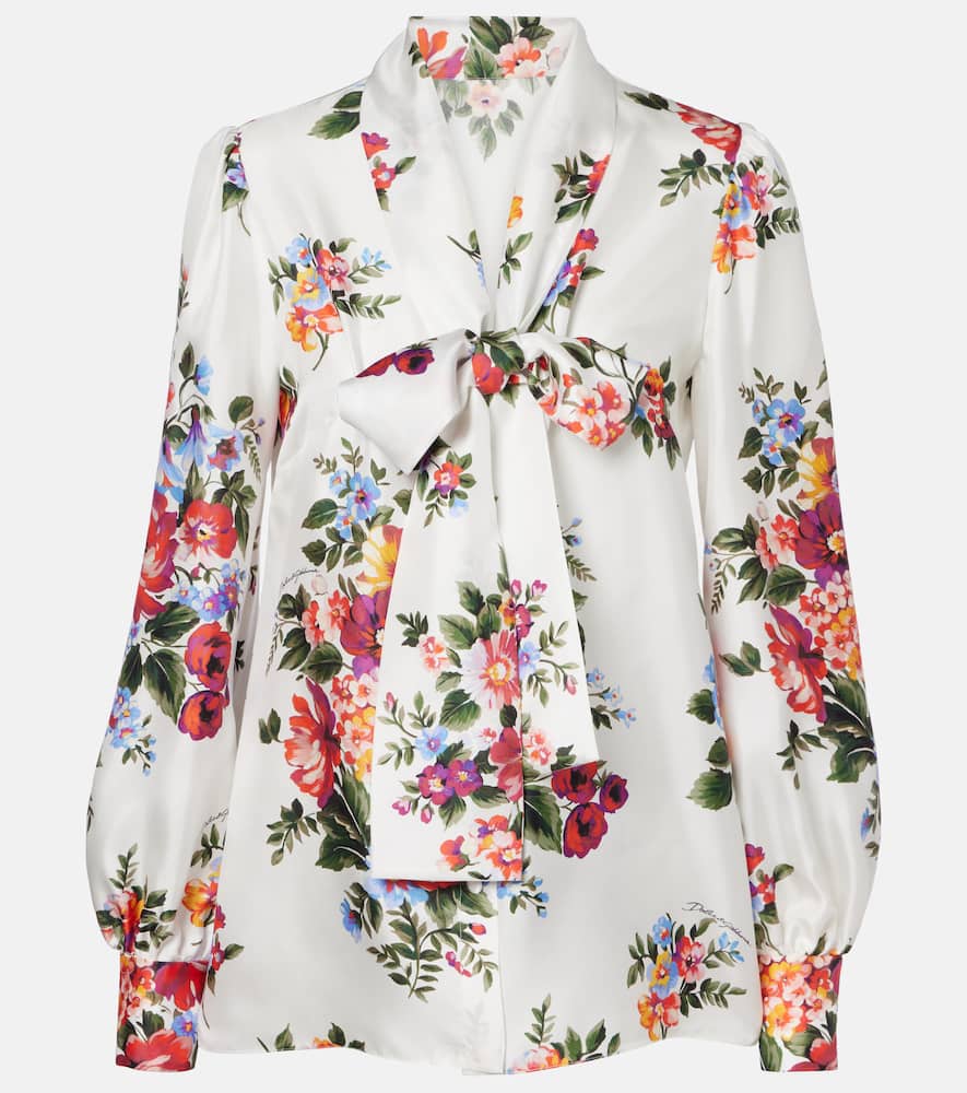 Floral tie-neck silk blouse