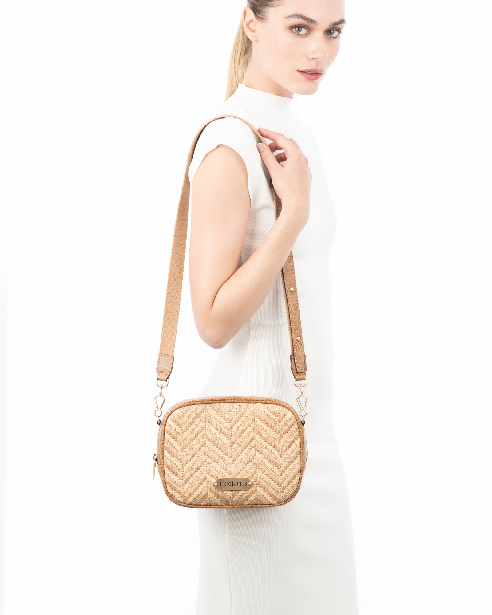 Peanut Calf Leather Zip Pouch for Women - Woven Raffia, Adjustable Strap, Dual Pockets