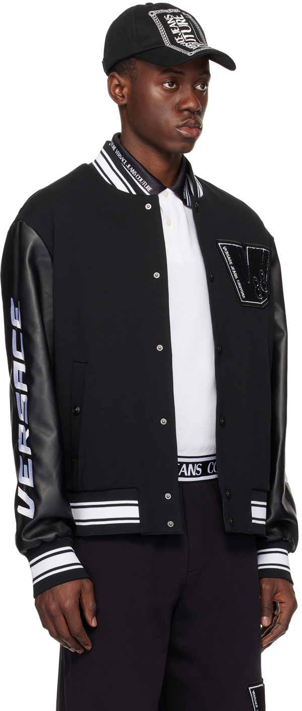 Versace Jeans Couture Black Patch Faux-Leather Bomber Jacket