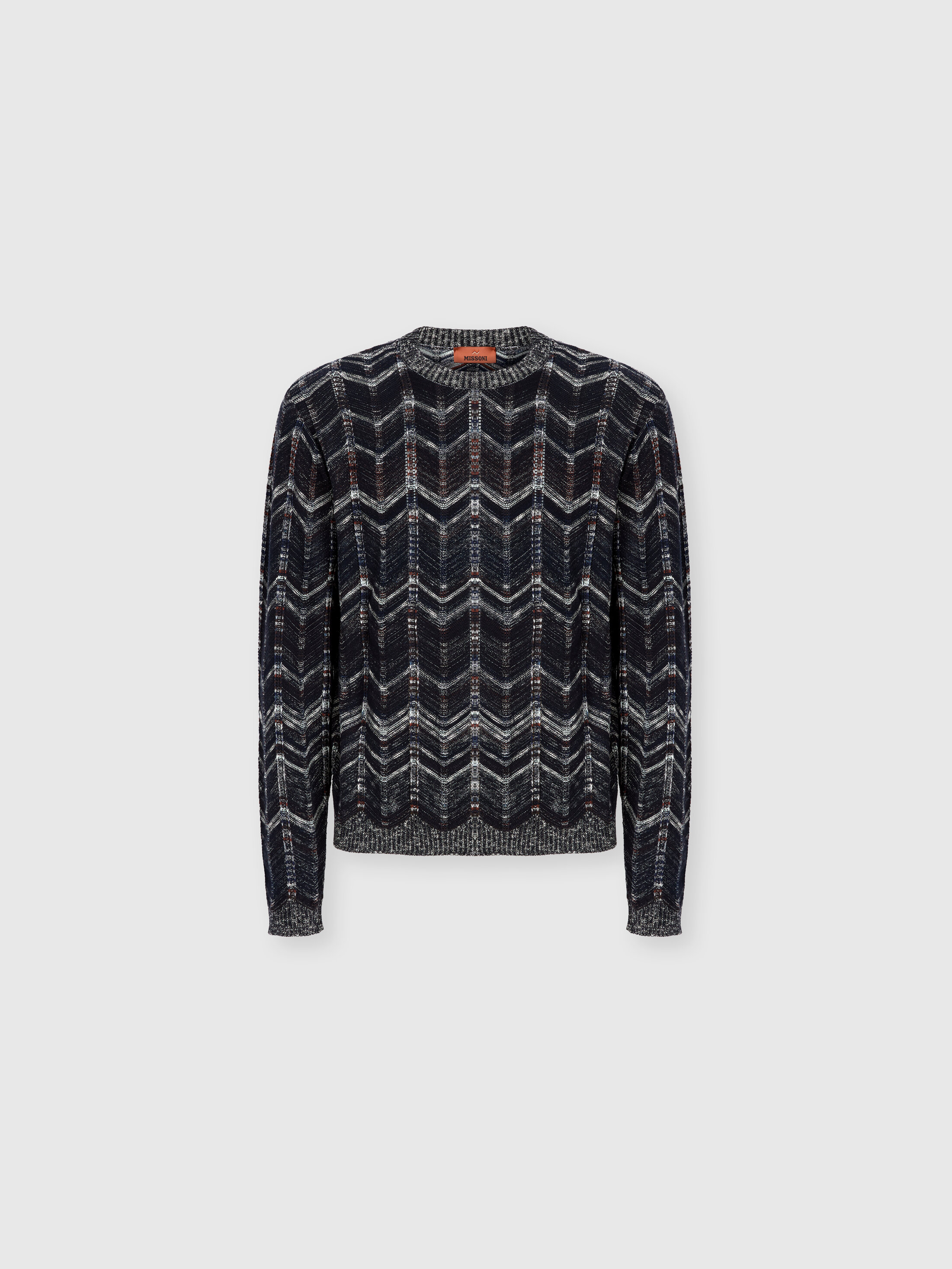 Missoni - Pullover girocollo in cotone chevron con profili a costine, Uomo, Blu