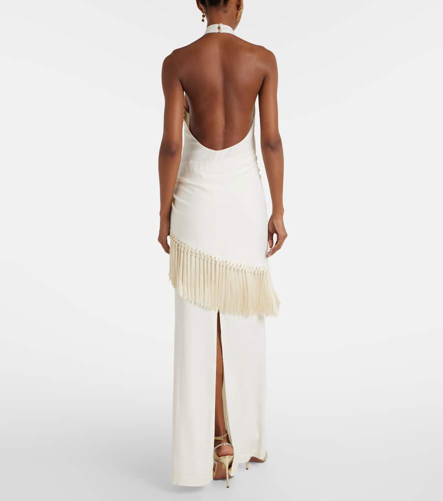 Meteora fringed halterneck crêpe cady gown