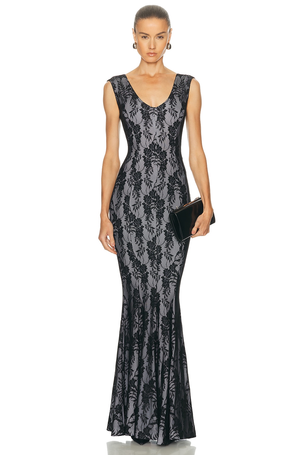 Norma Kamali Grace Fishtail Gown in Black Stretch Lace & White - Black. XS also in L