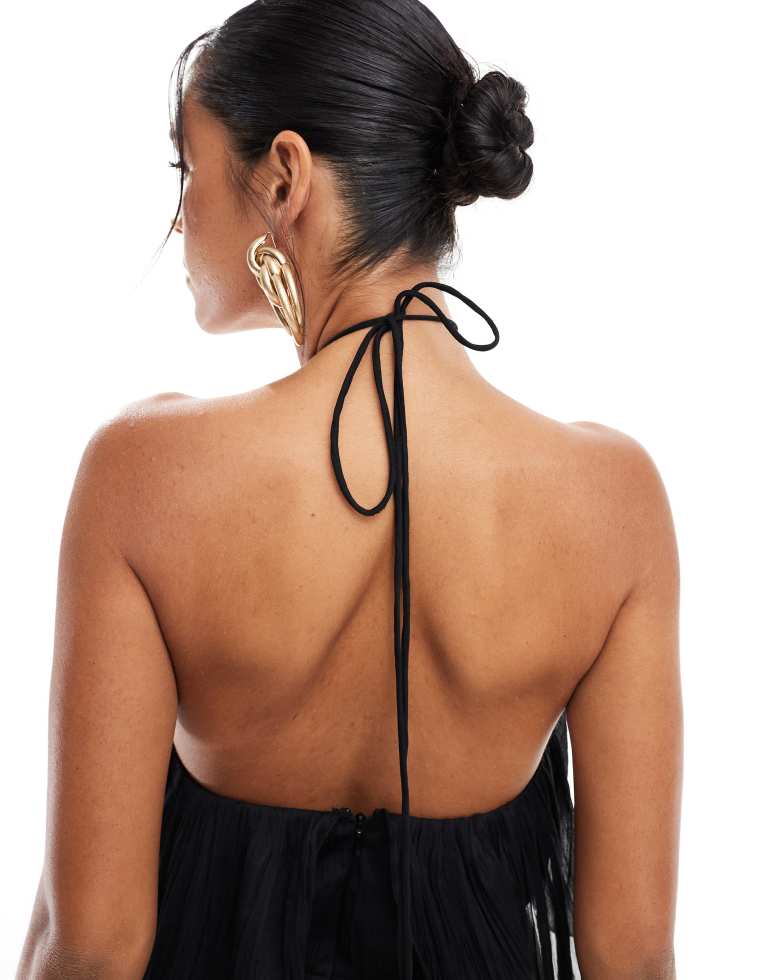 ASOS DESIGN Womens textured halter wide leg jumpsuit with frill detail in black
