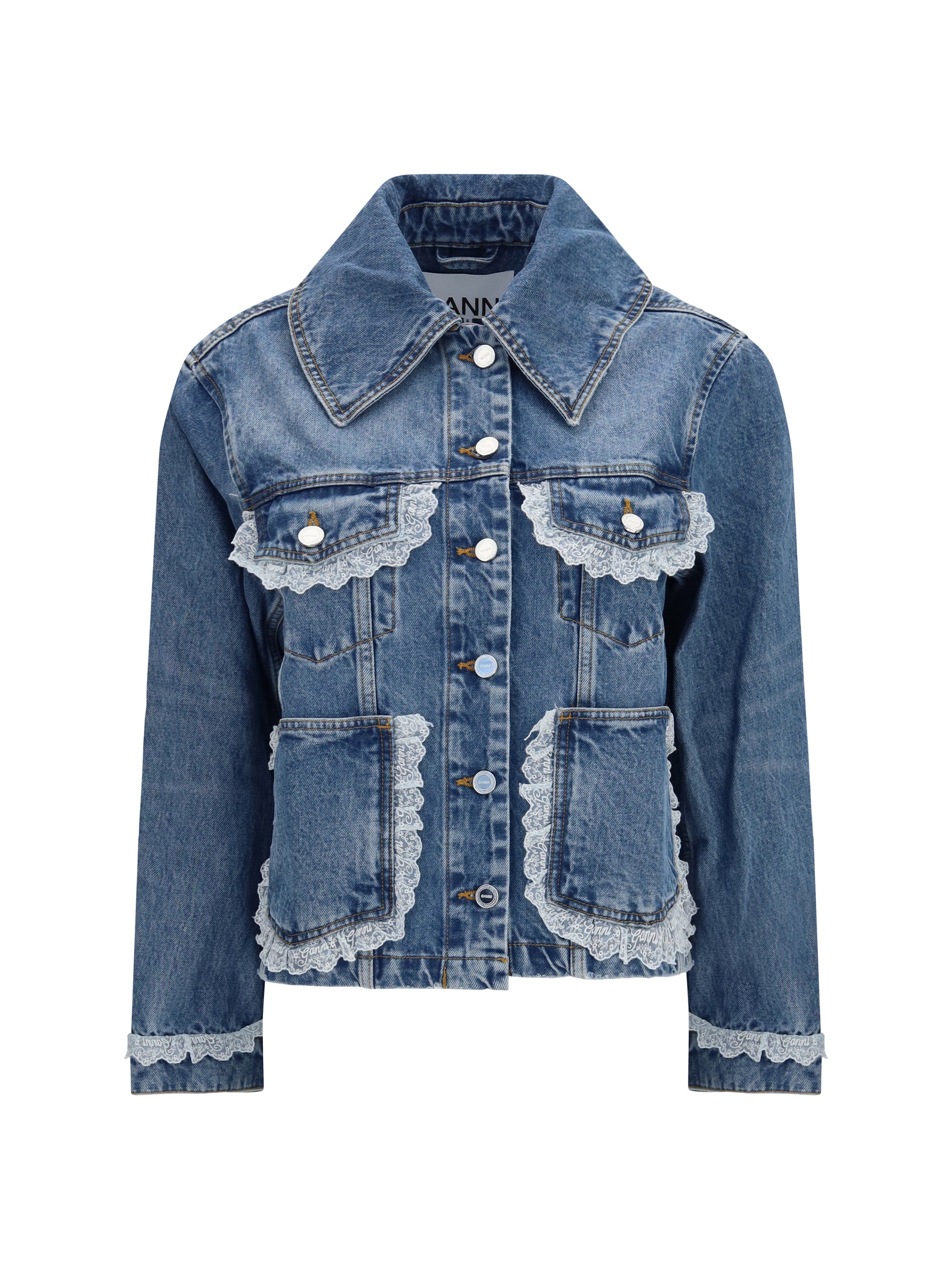 Lace-Trimmed Rigid Denim Jacket — Blue