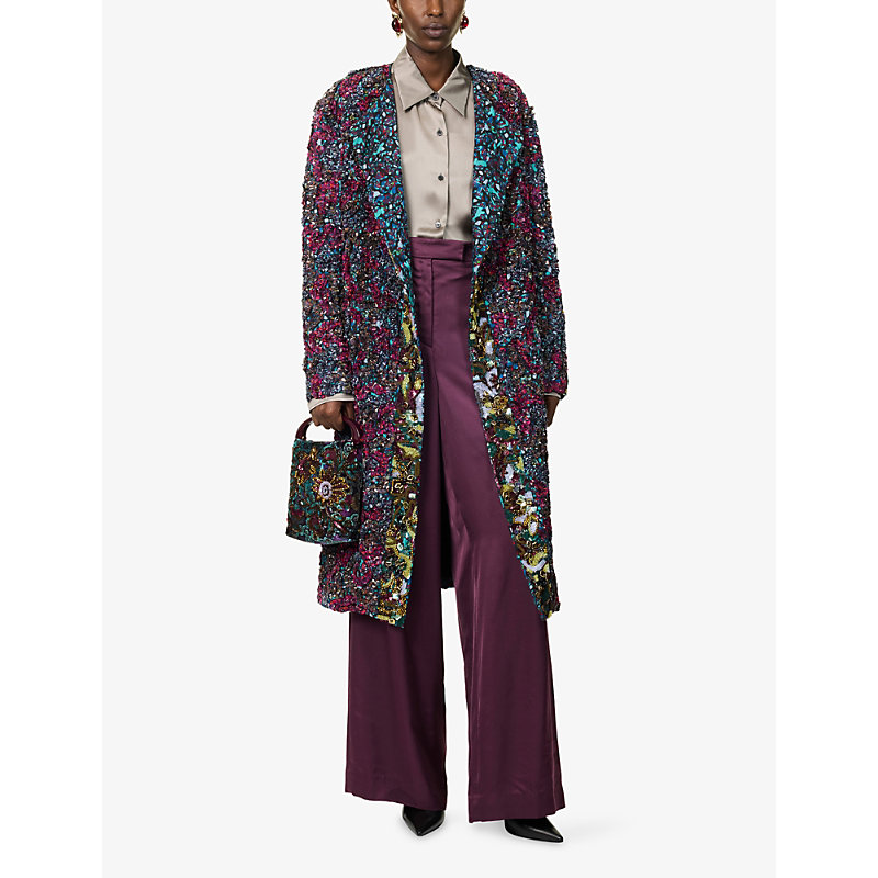 Womens Bead-Embellished Ruffle Woven Coat