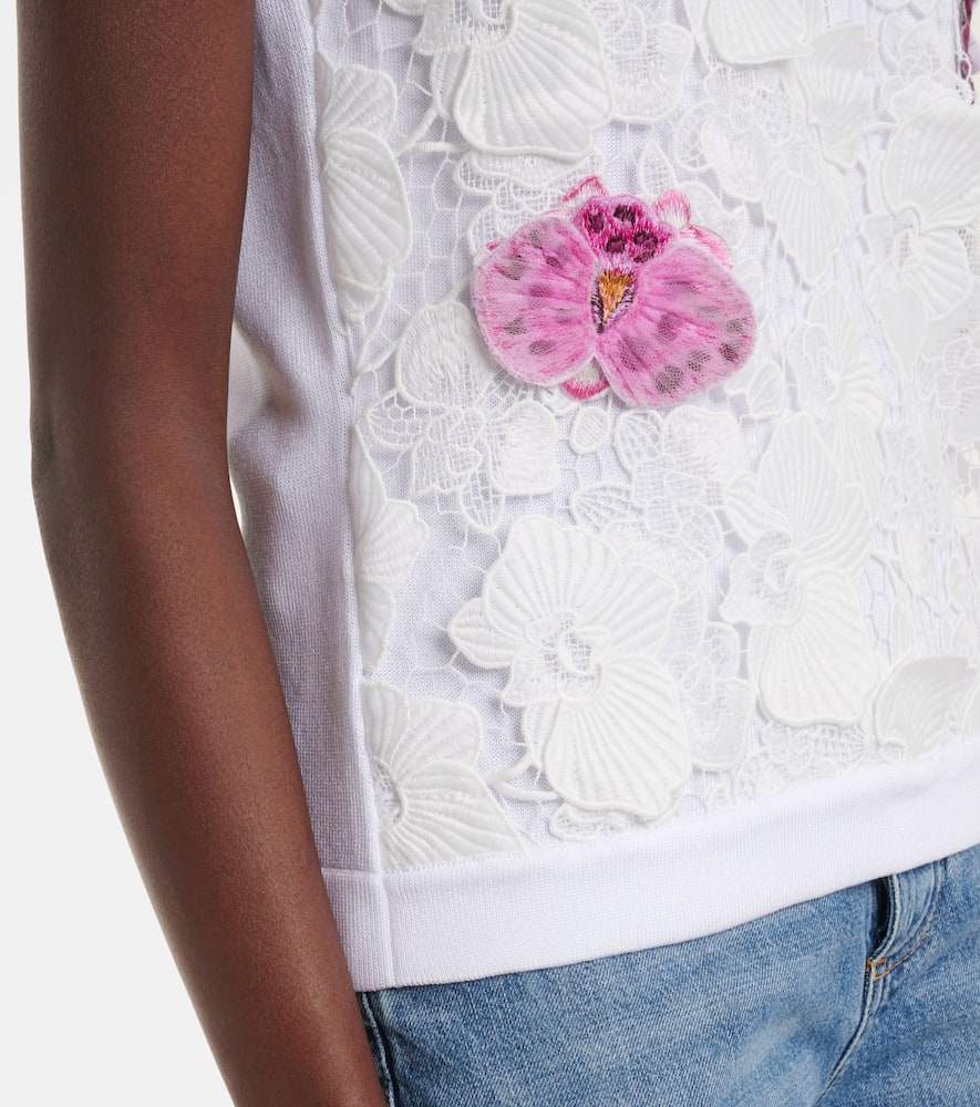 Lace-trimmed floral-appliqué cotton-blend top