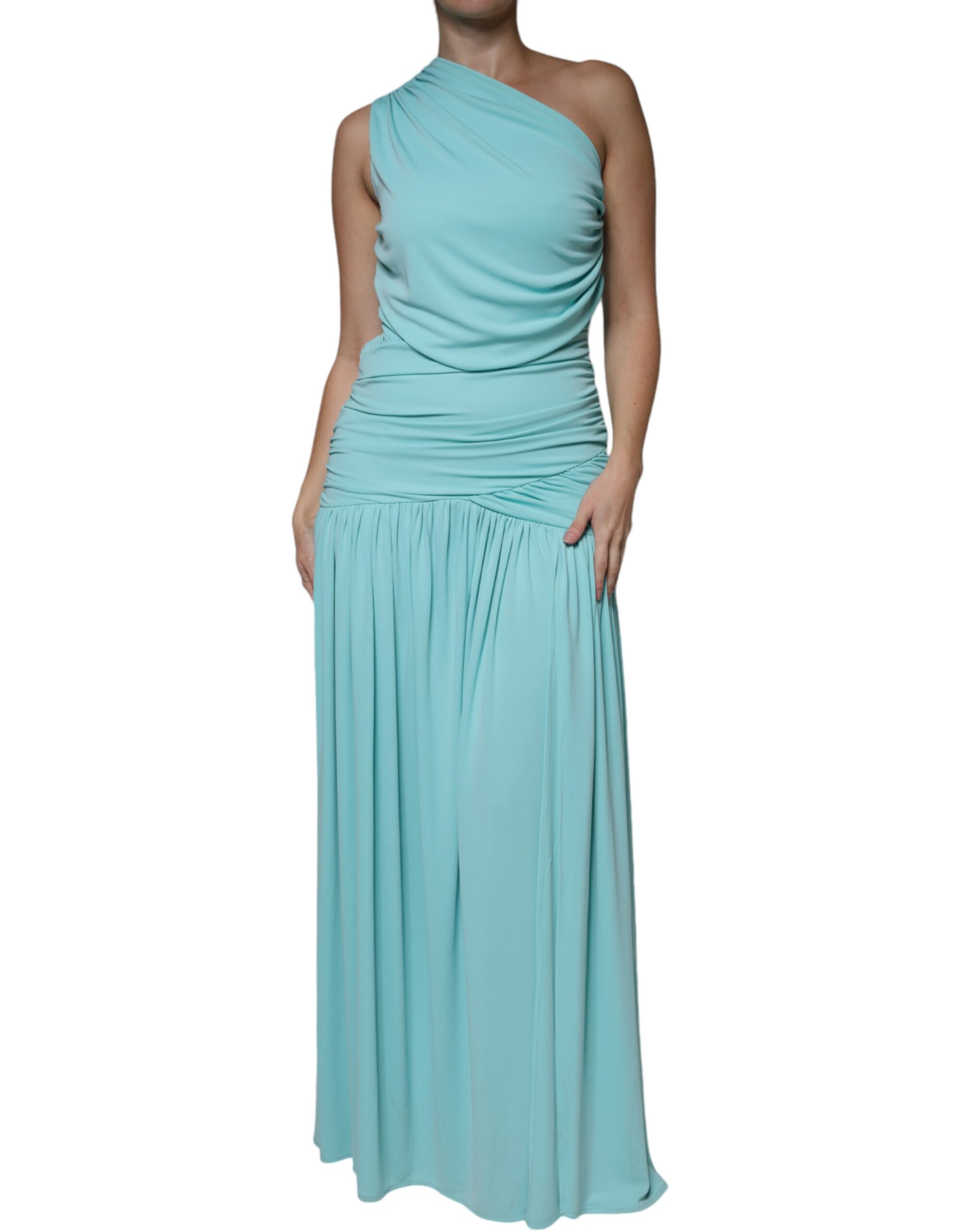 Christian Pellizzari Light Blue Jersey Long Drape One Shoulder Women's Dress Pre-Owned