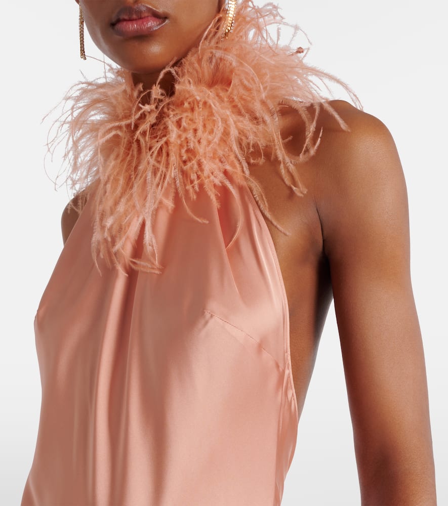 Jazzy feather-trimmed satin gown