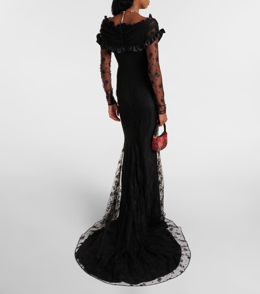 Bow-detail ruffled off-shoulder lace gown
