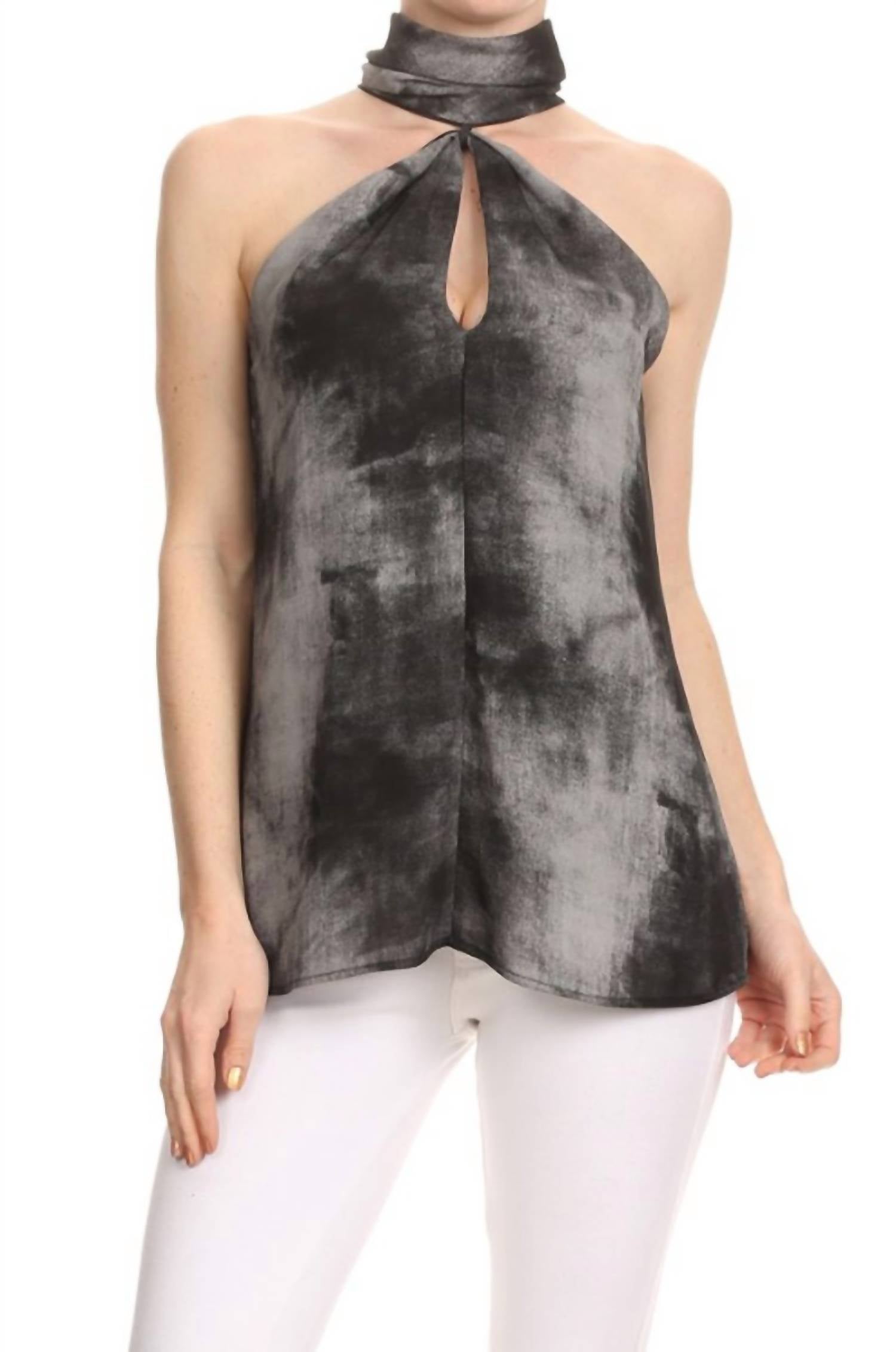 High Neck Tie-Dye Keyhole Top In Charcoal
