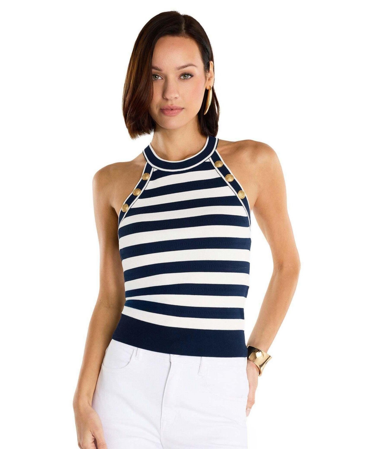 Women's Martha Button Halter Tank - Navy stripe