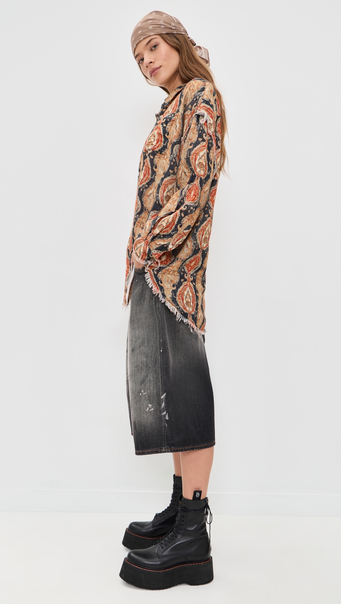 Shredded Seam Drop Neck Shirt Orange Dark Navy Multicolor
