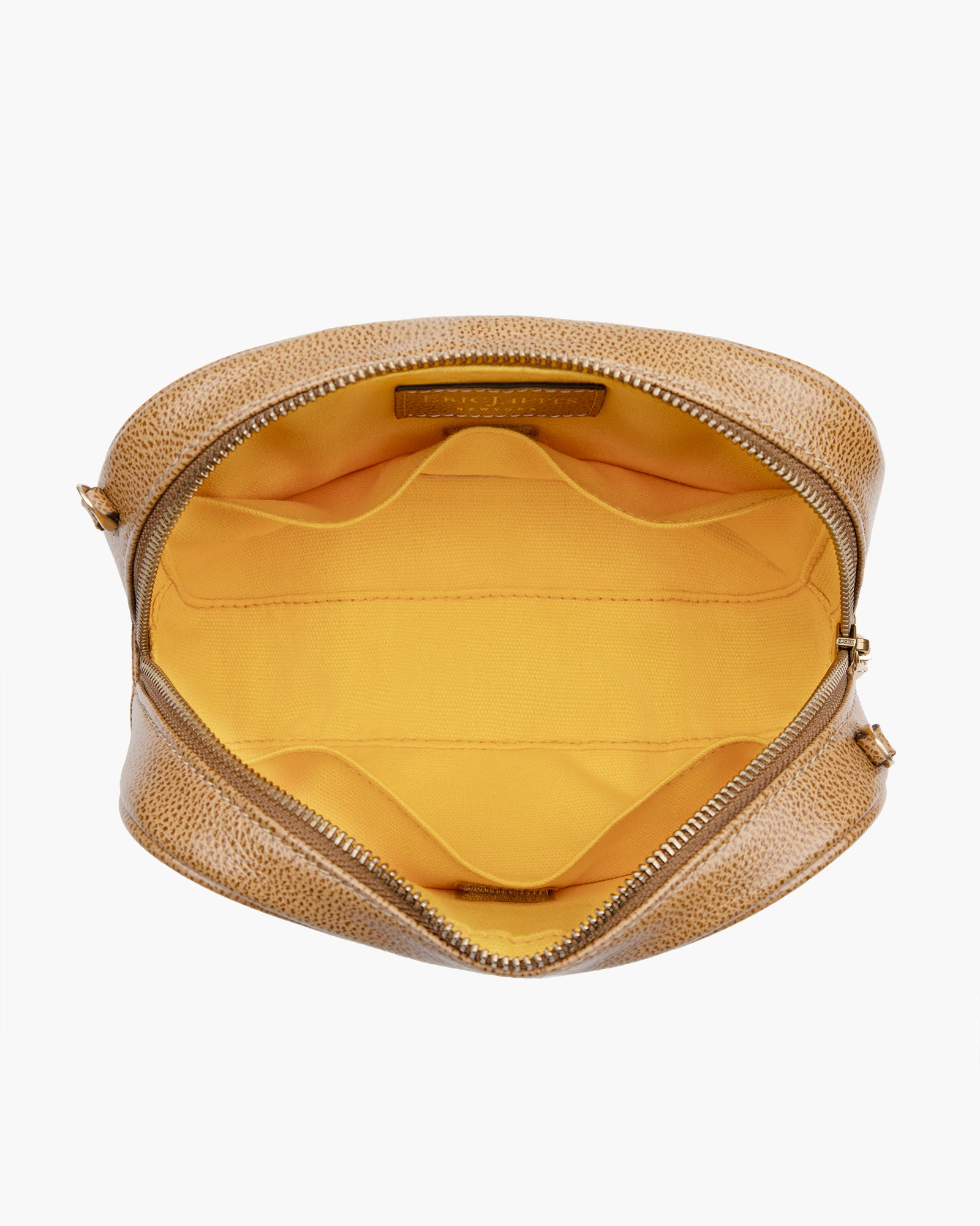 Peanut Calf Leather Zip Pouch for Women - Woven Raffia, Adjustable Strap, Dual Pockets