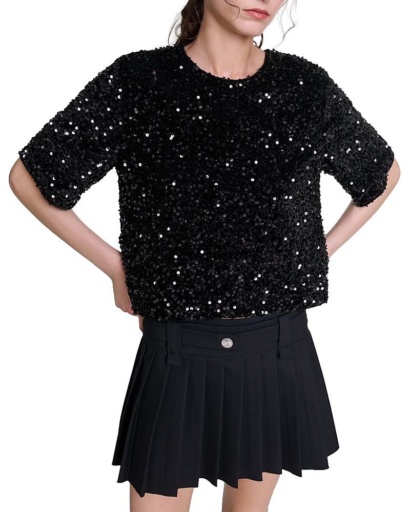 Short-sleeves sequinned top - Black
