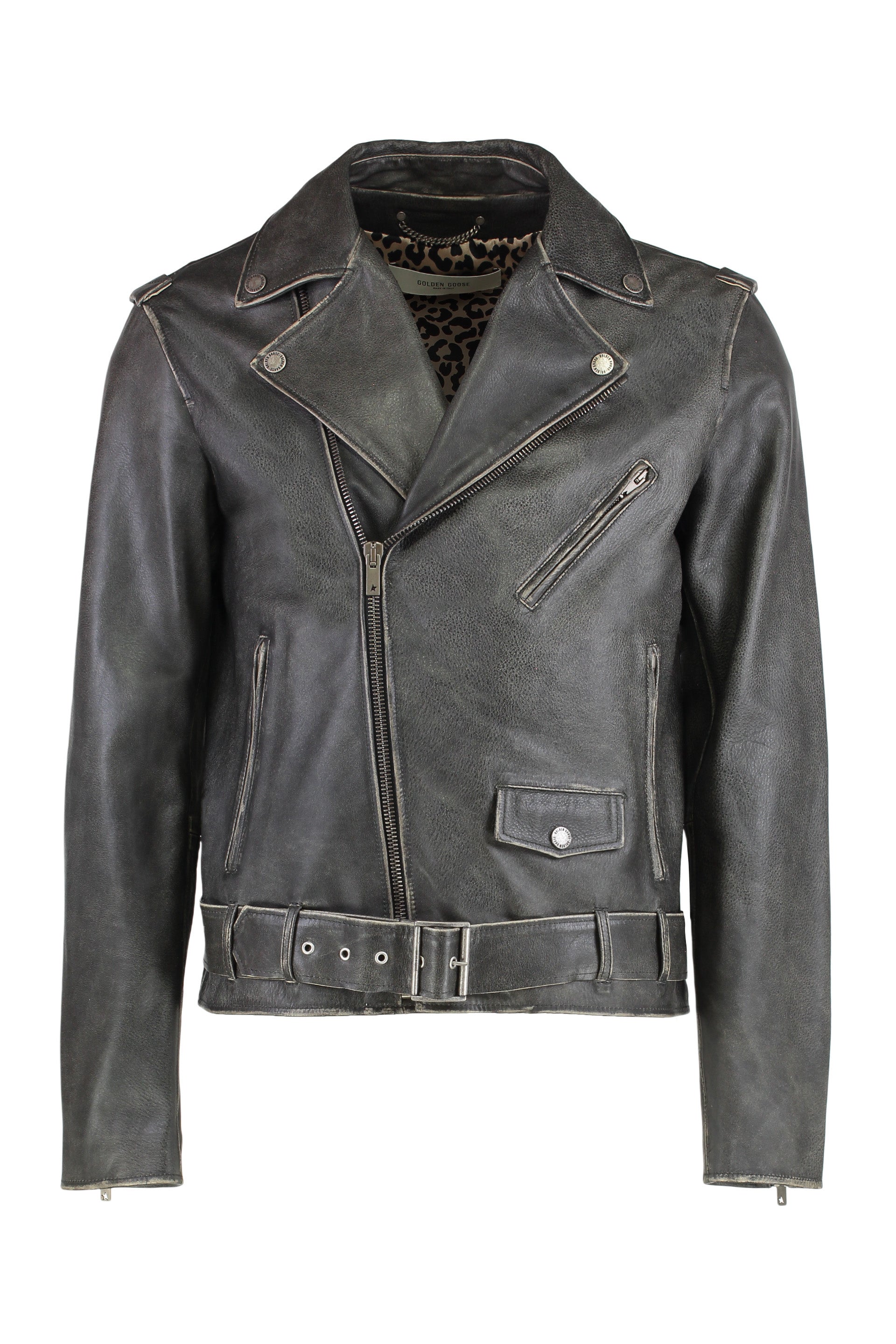? Distressed Bull Leather Jacket with Zip Pockets and Belt Loops