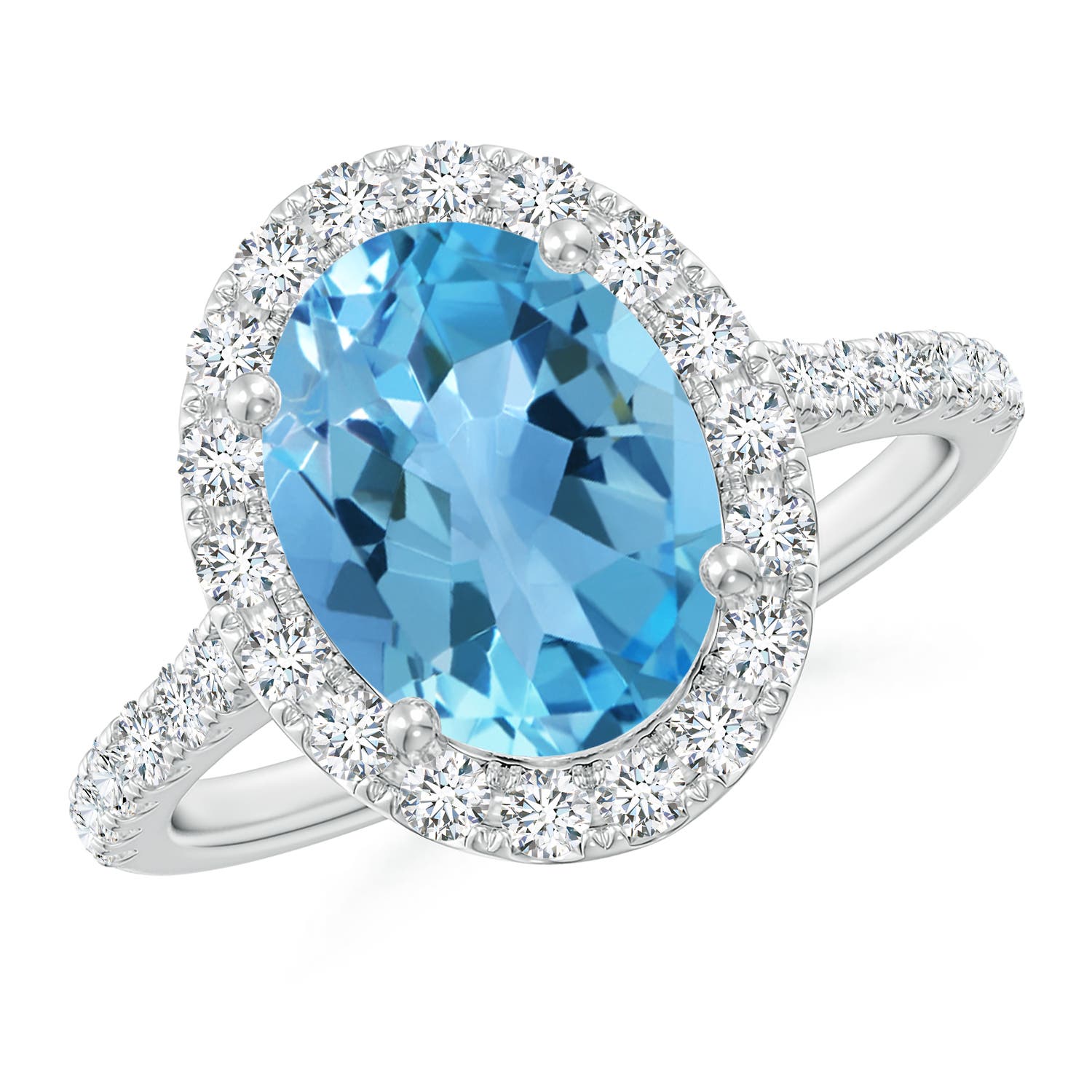 Angara 3.25 Carats Prong-Set Oval Swiss Blue Topaz Halo Ring with Diamonds in Platinum