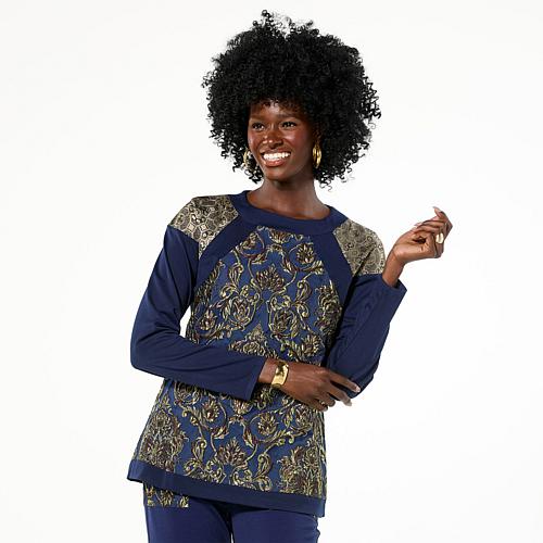 Byron Lars Jacquard and Ponte Knit Long-Sleeve Crewneck Top - Gold/Indigo Multi