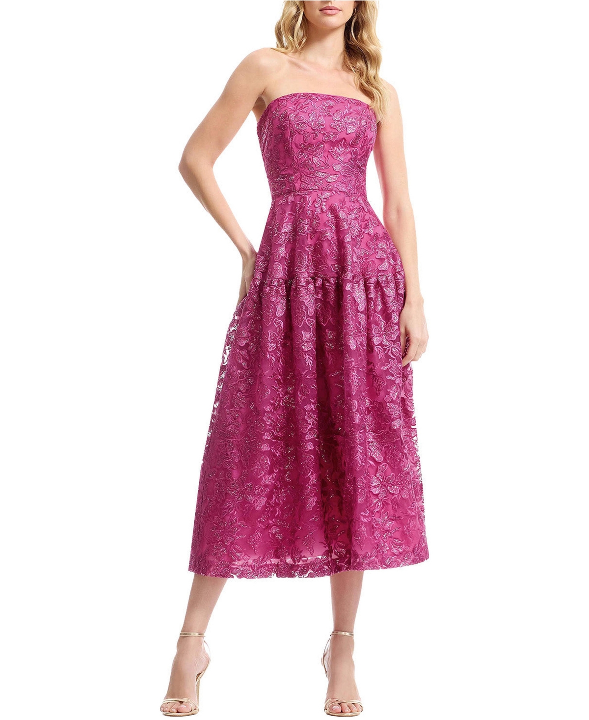 Women's Gemma Strapless Floral Lace Tiered Midi Dress - Bright fuchsia