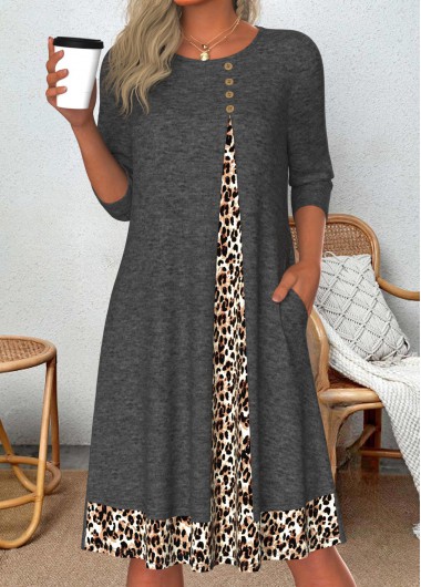Modlily Dark Grey Marl Patchwork Leopard A Line Dre