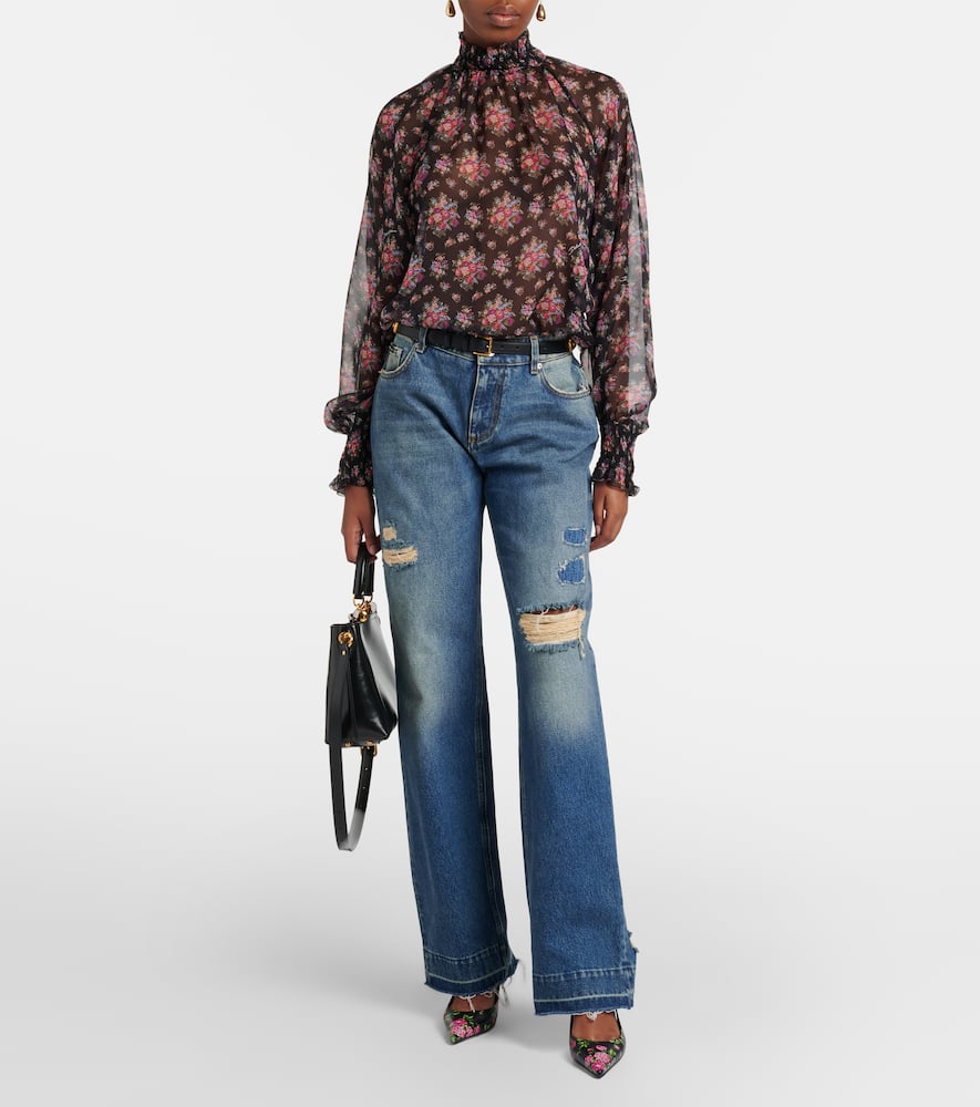 Floral ruffled sheer silk blouse