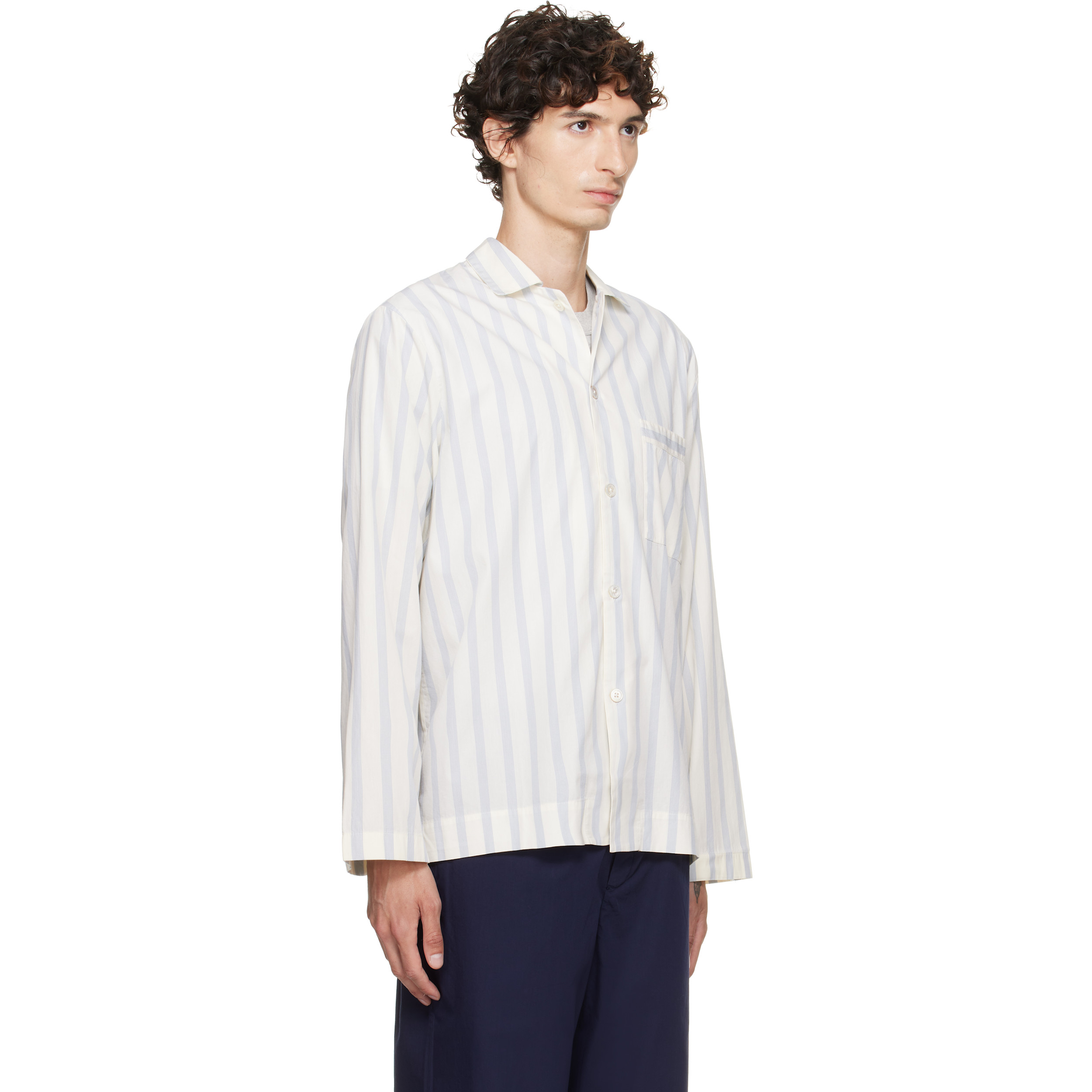 Off-White & Blue Poplin Long-Sleeved Pyjama Shirt