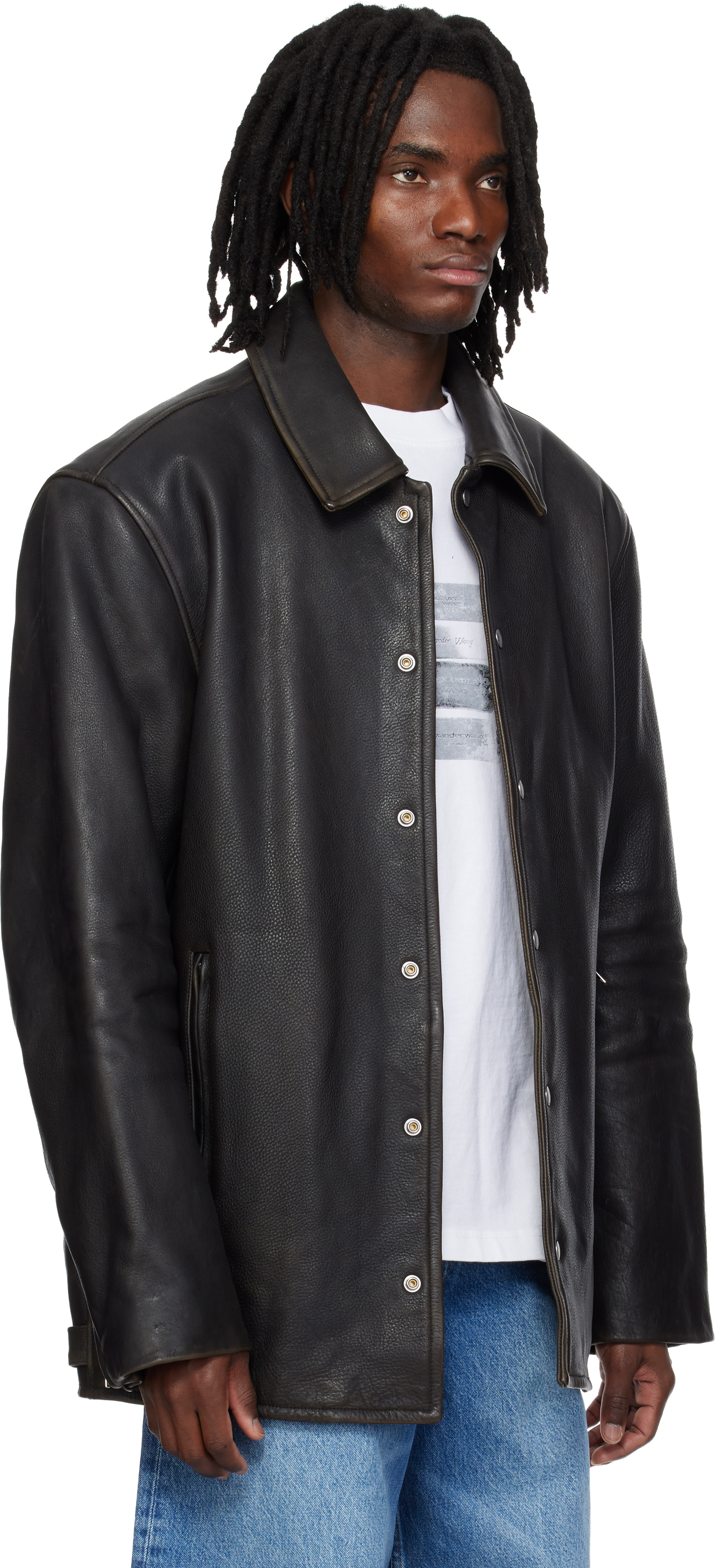 Black Snap Front Leather Jacket