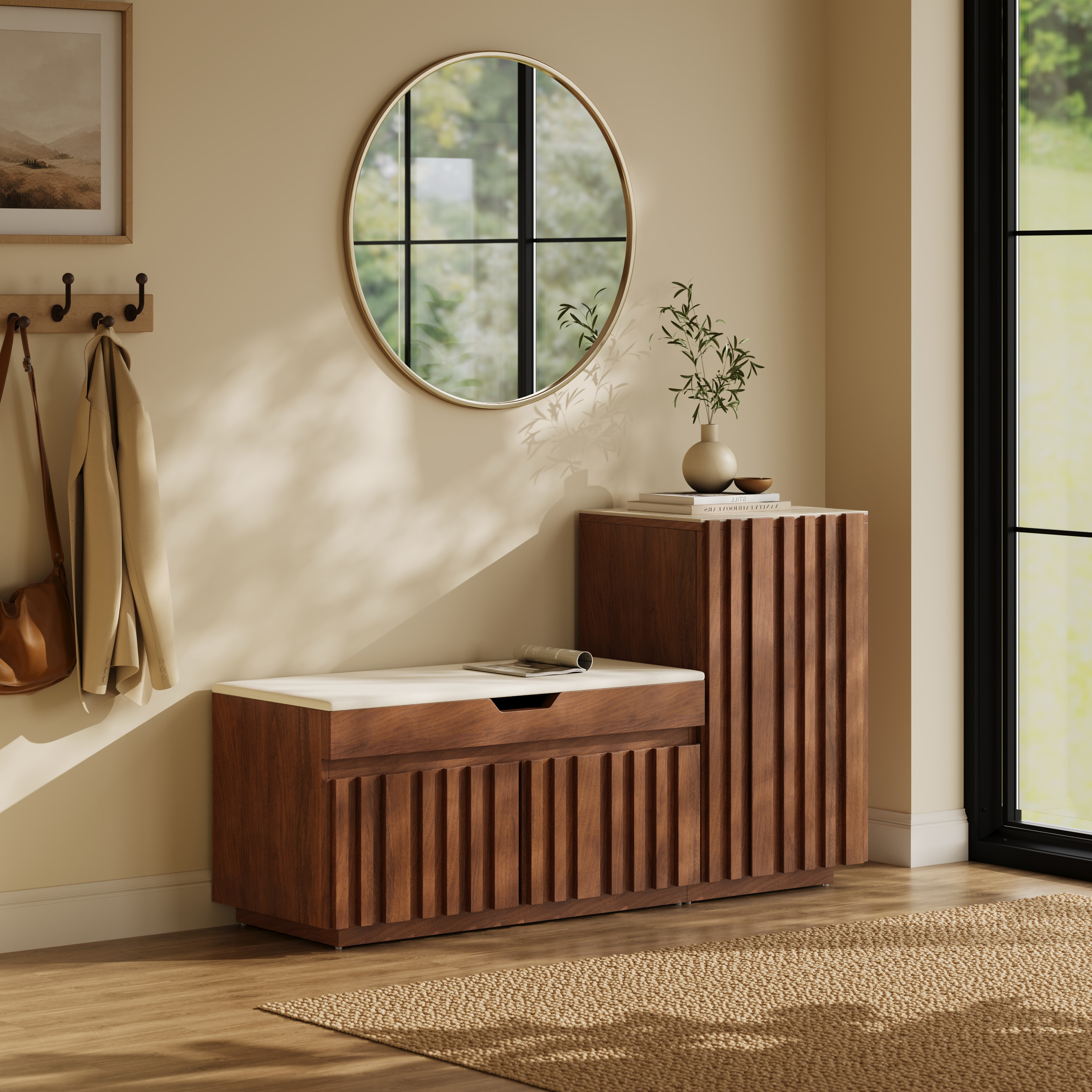 Aura 47â Walnut Wooden Shoe Storage Bench with Right-Side Cabinet for Entryway