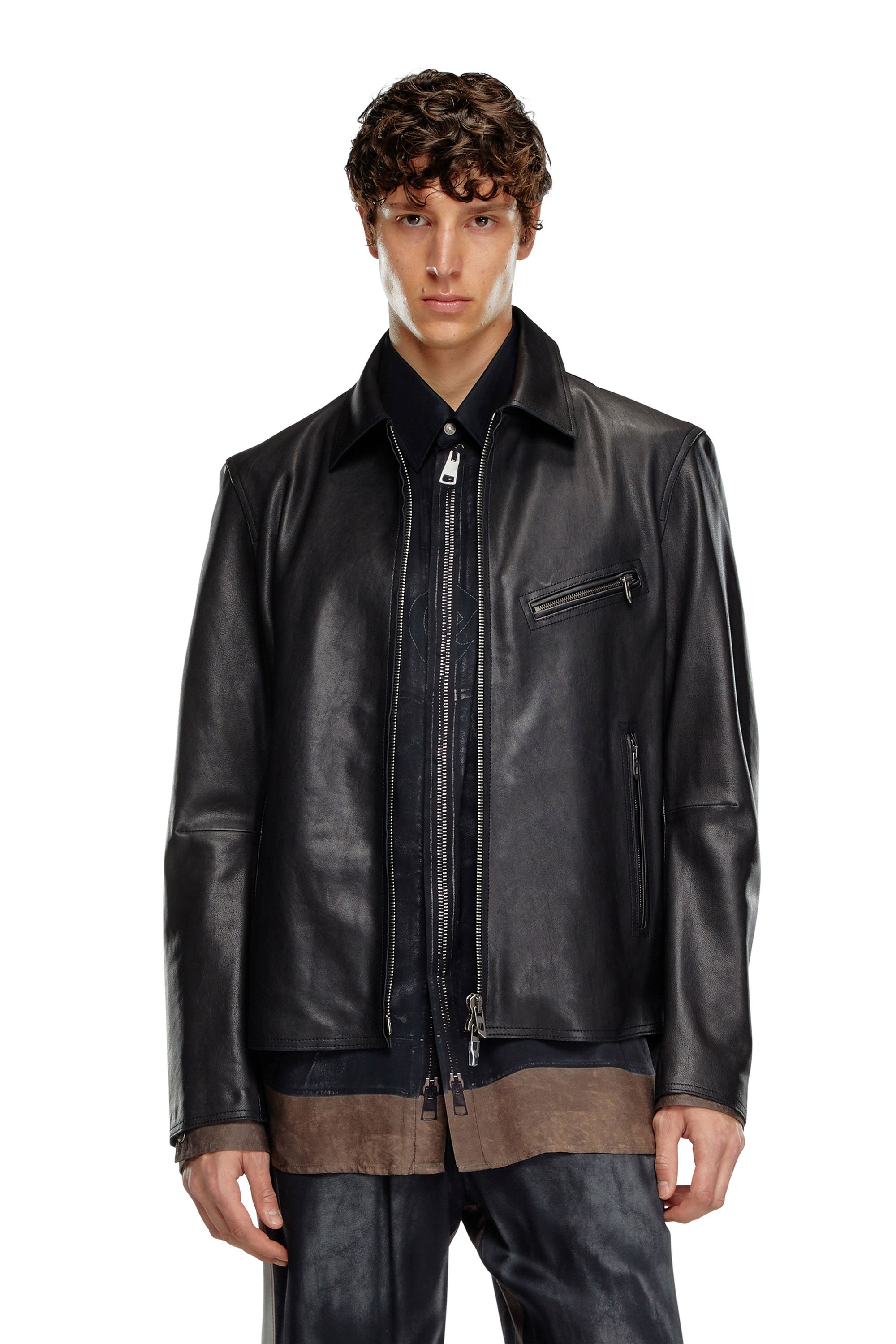 Leather jacket with embossed Oval D - Leather jackets - Man - Black
