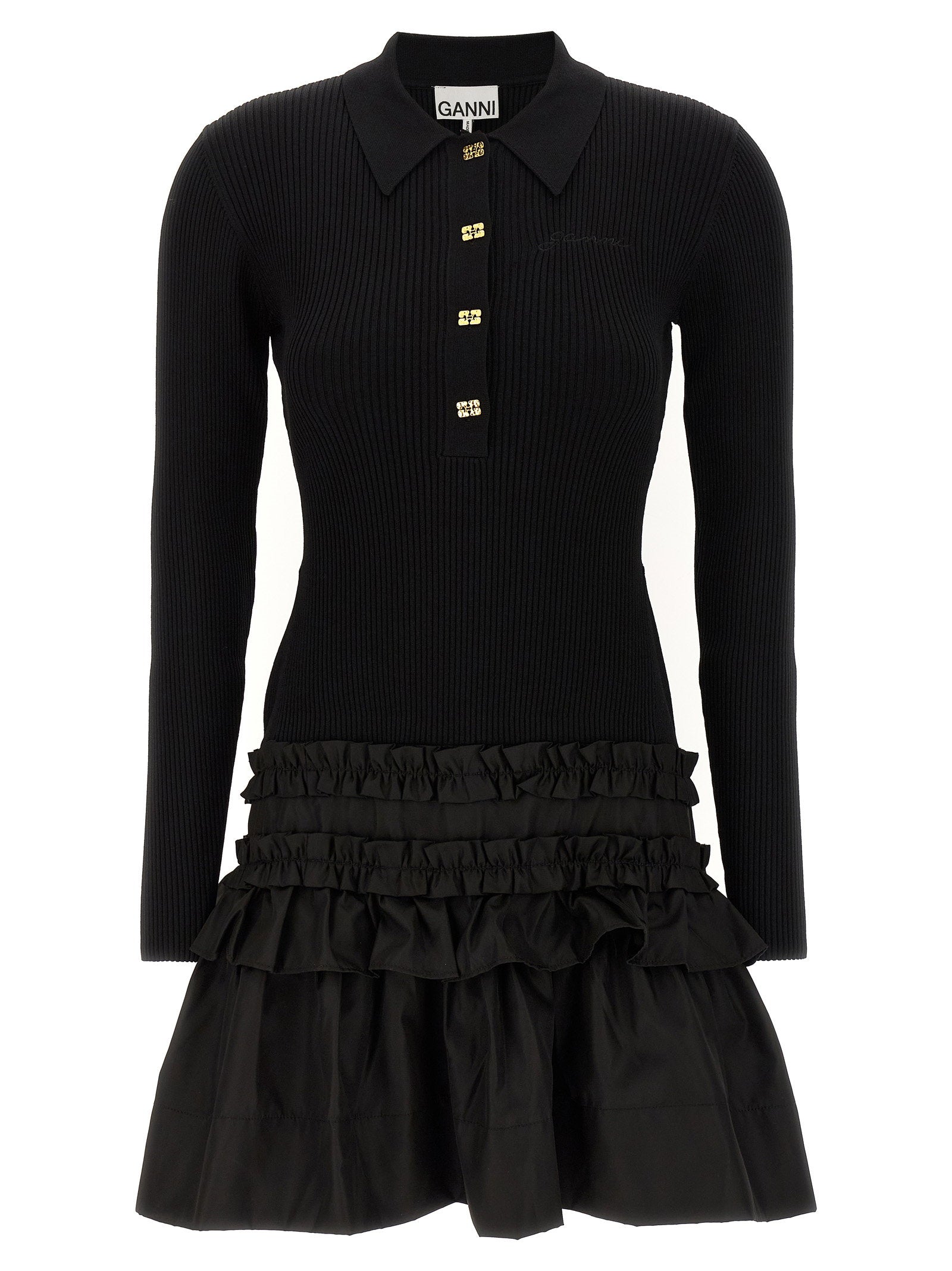 Ribbed Knit Flounced Dress — Black